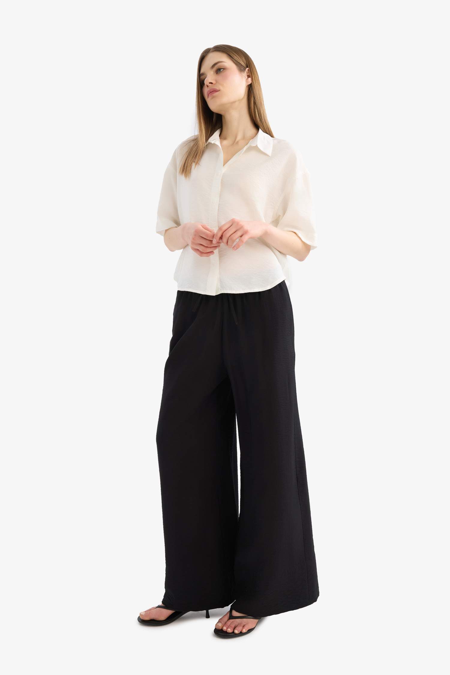 Wide Leg Elastic Waist Straight Leg Midi Trousers