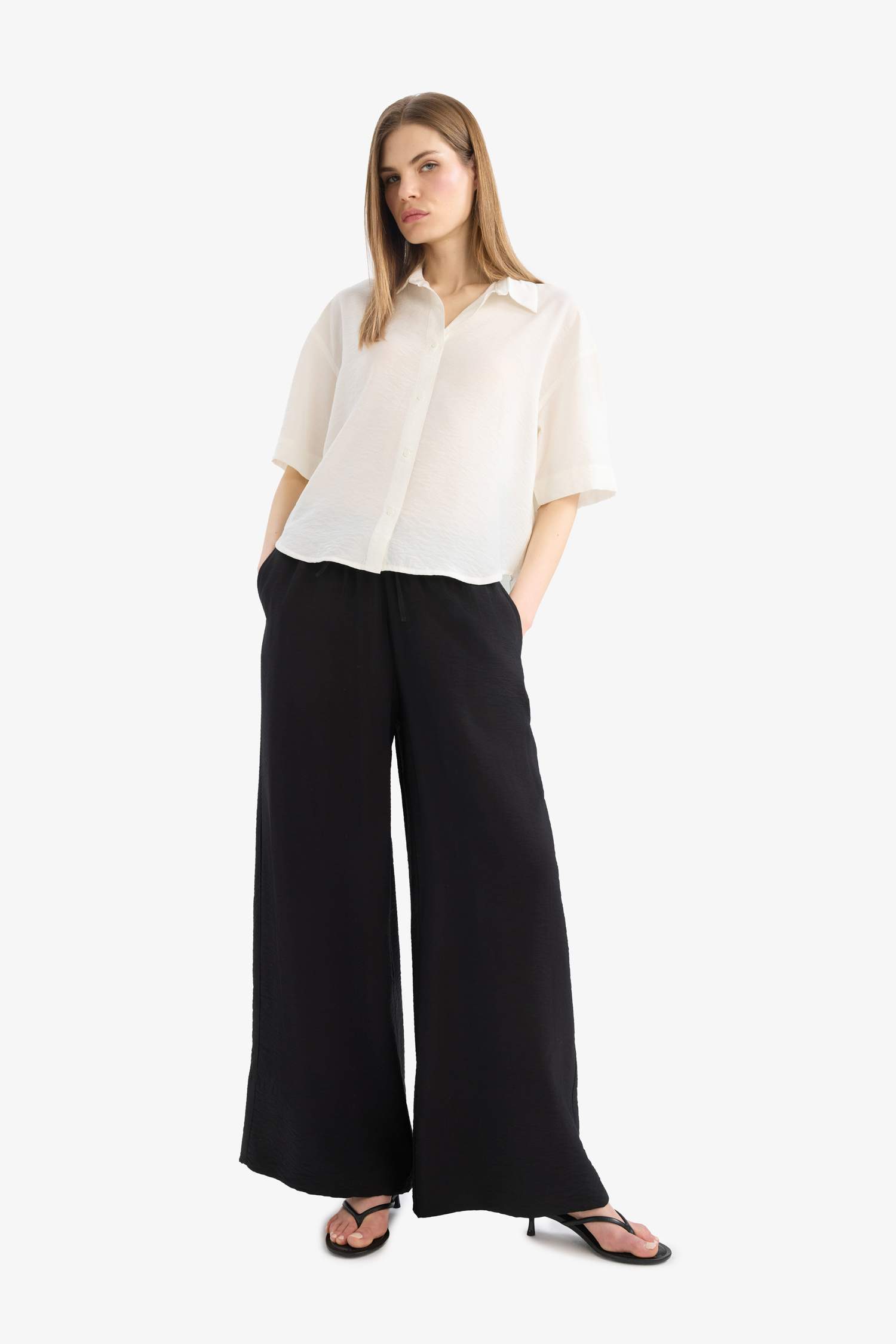 Wide Leg Elastic Waist Straight Leg Midi Trousers
