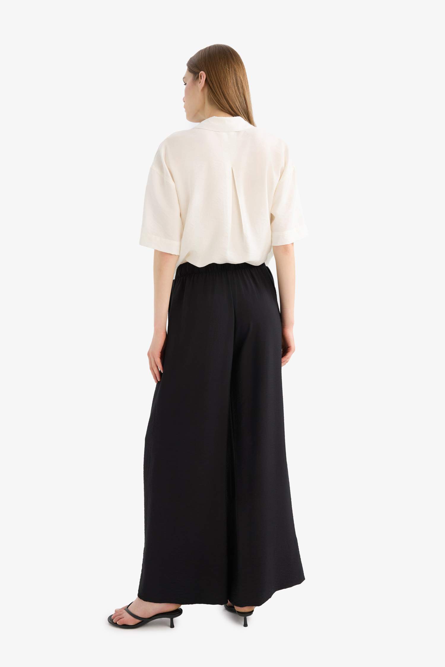 Wide Leg Elastic Waist Straight Leg Midi Trousers