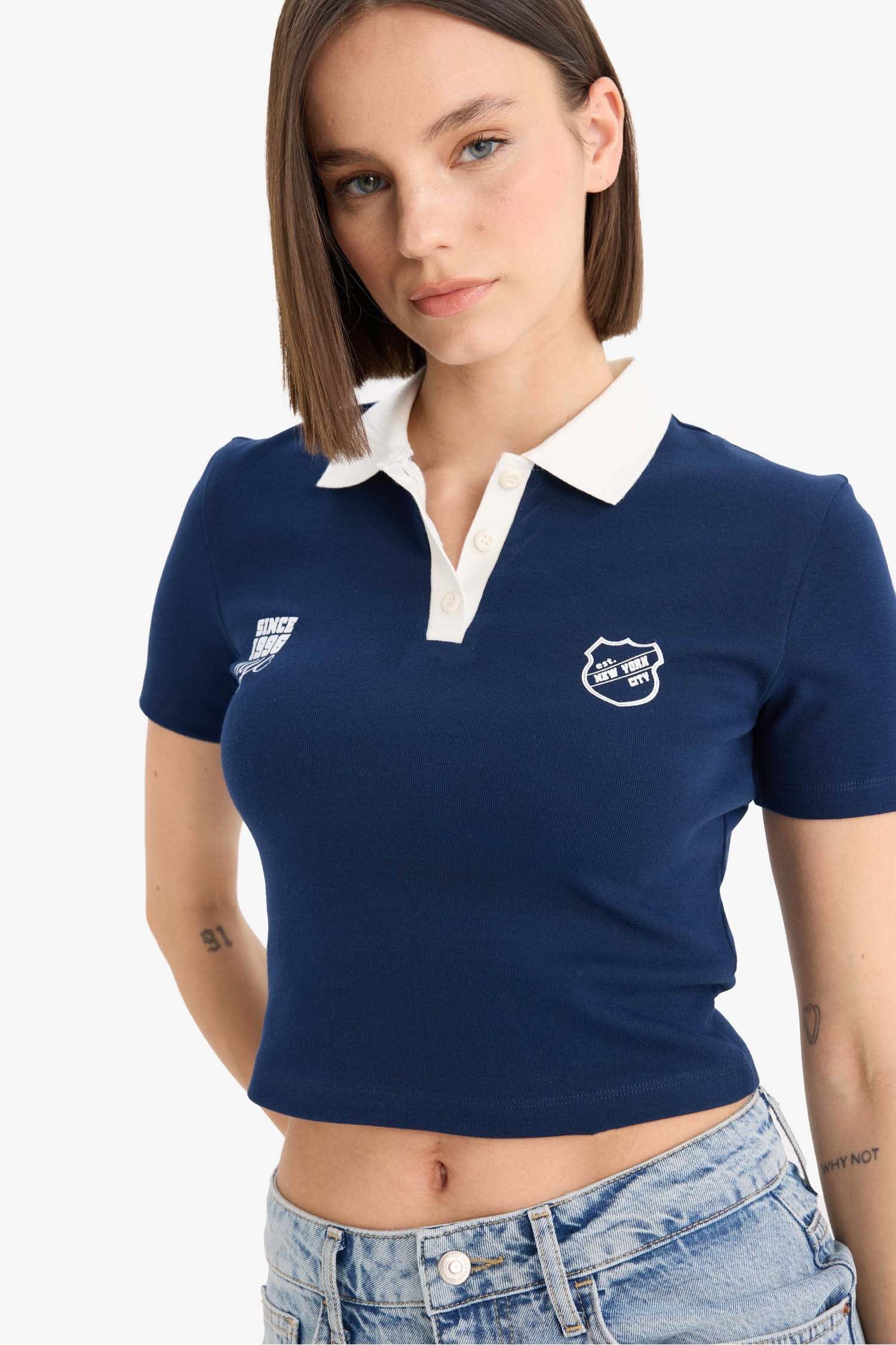 Coool Fitted Polo Yaka Baskılı Ribana Kısa Kollu Tişört