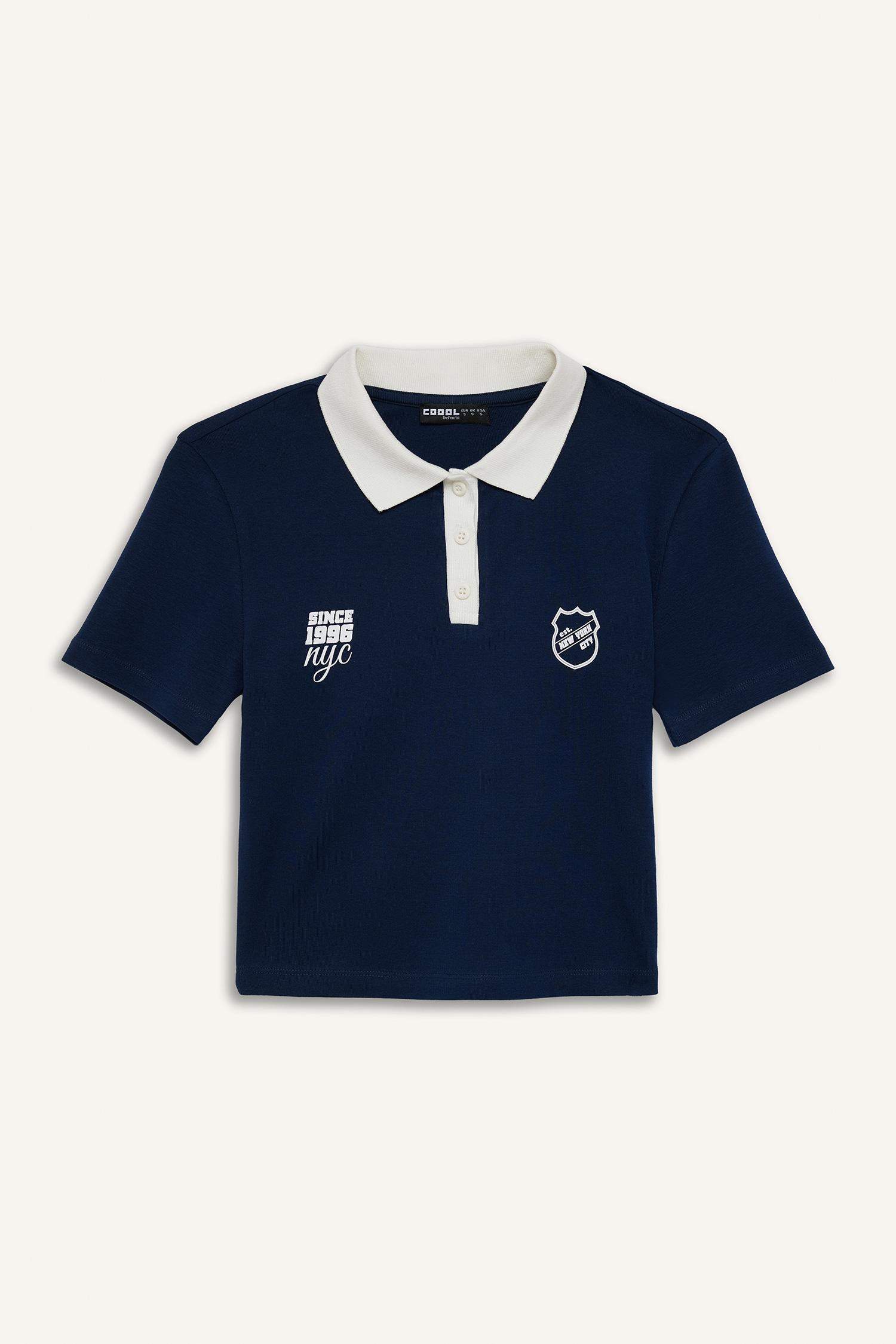 Coool Fitted Polo Yaka Baskılı Ribana Kısa Kollu Tişört