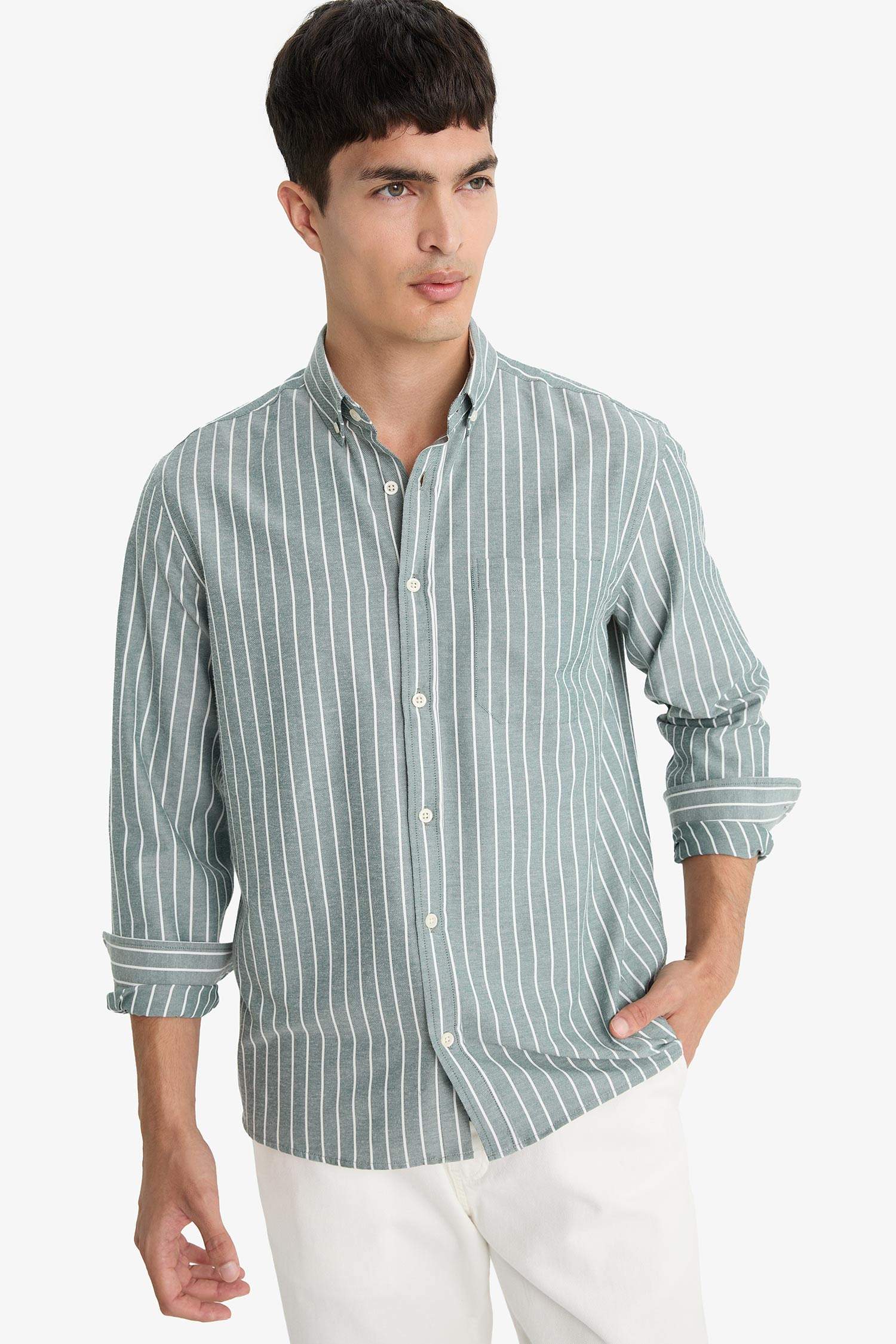 Regular Fit Polo Neck Woven Striped Shirt