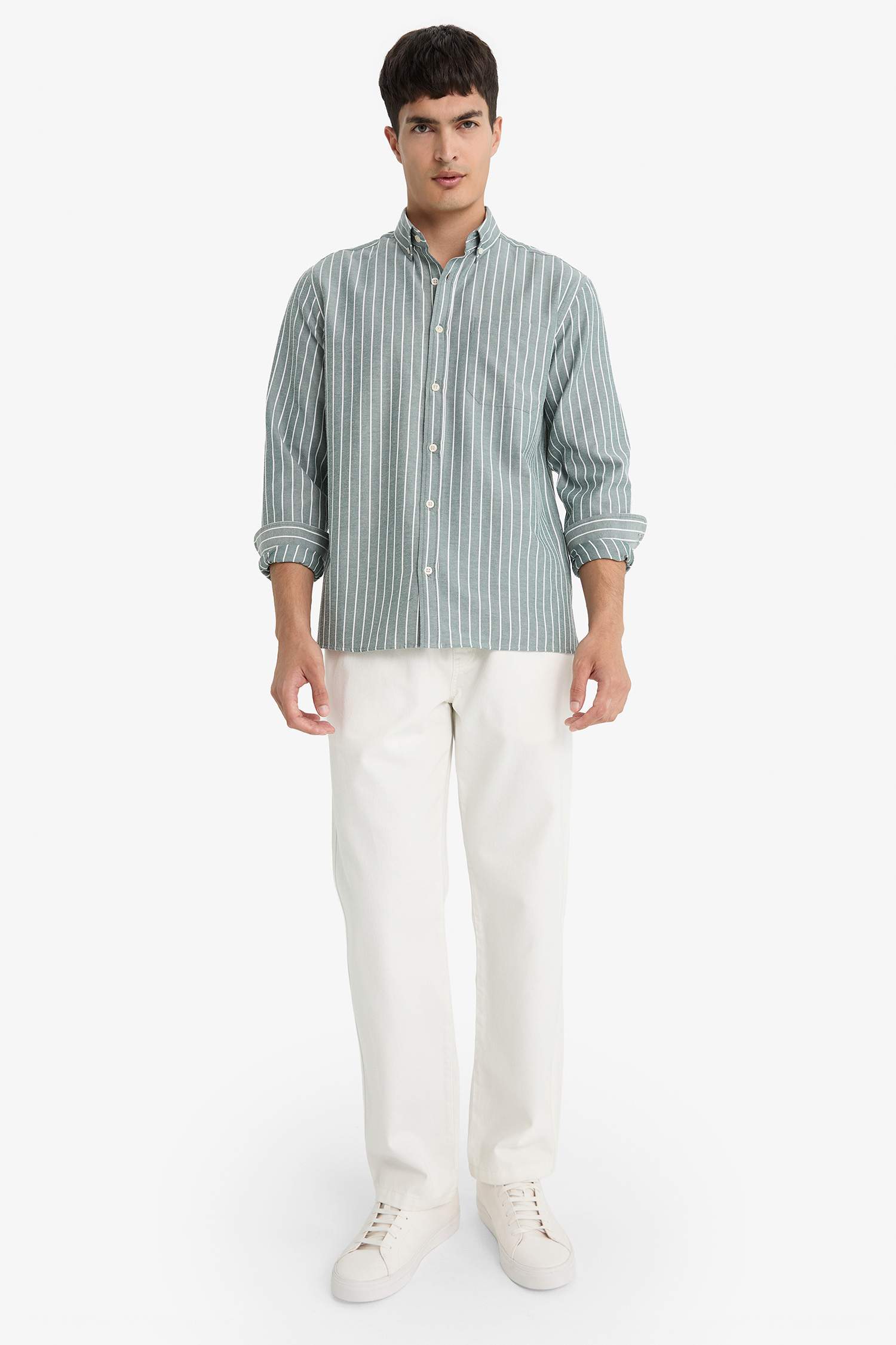 Regular Fit Polo Neck Woven Striped Shirt