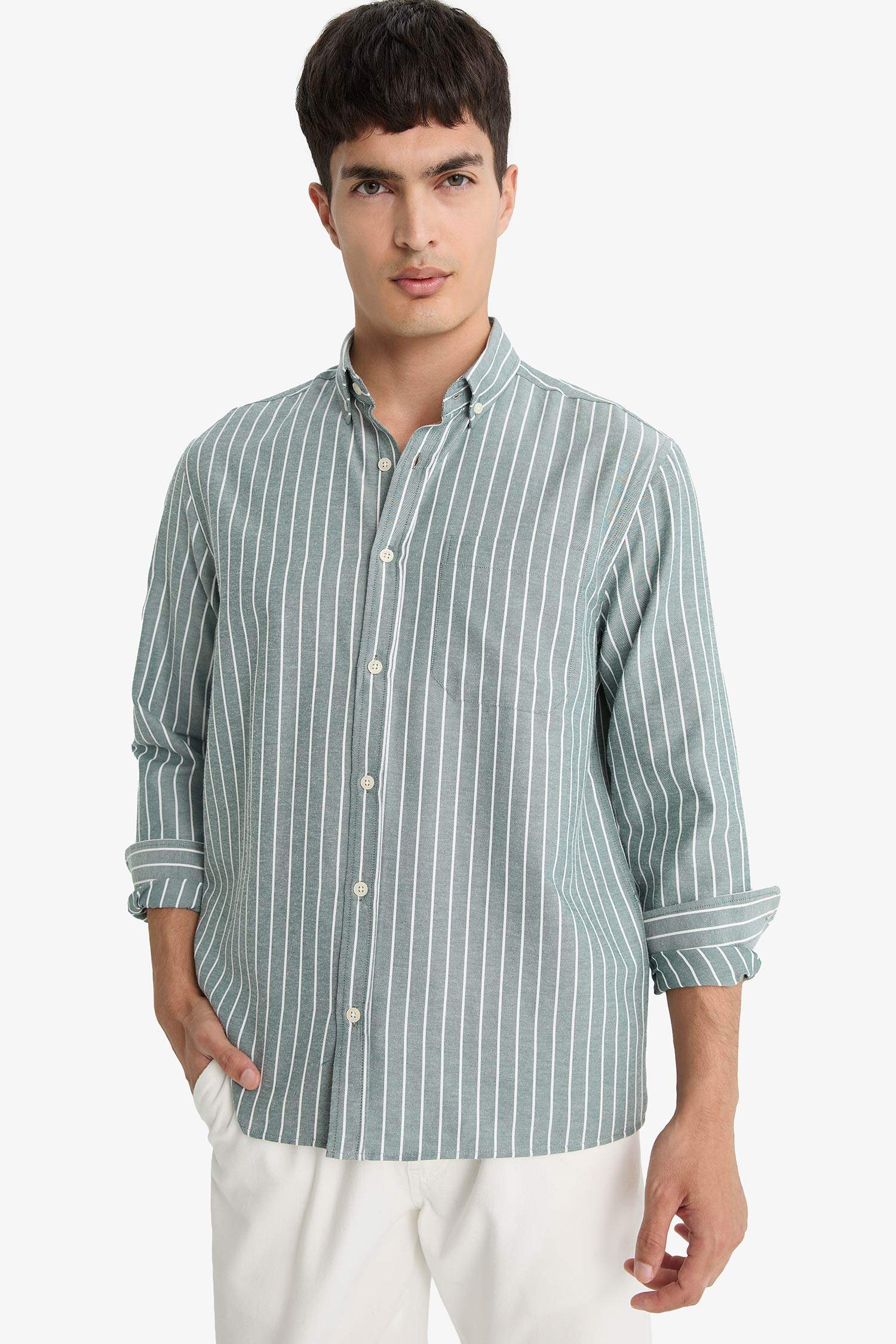 Regular Fit Polo Neck Woven Striped Shirt