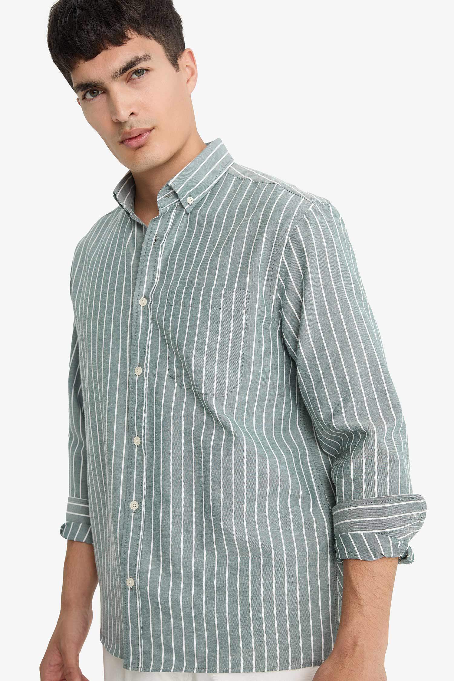 Regular Fit Polo Neck Woven Striped Shirt