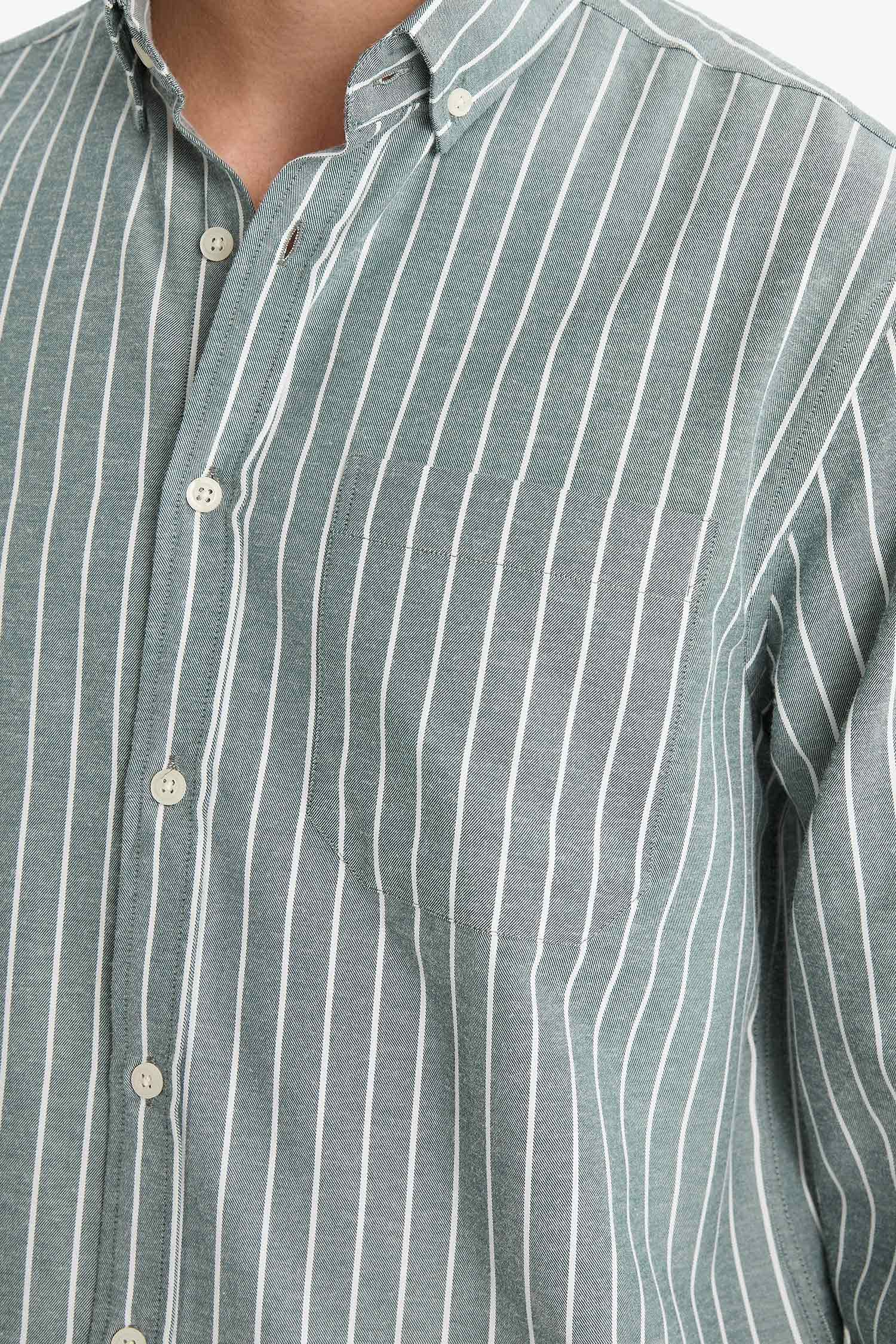 Regular Fit Polo Yaka Dokuma Uzun Kollu Çizgili Gömlek