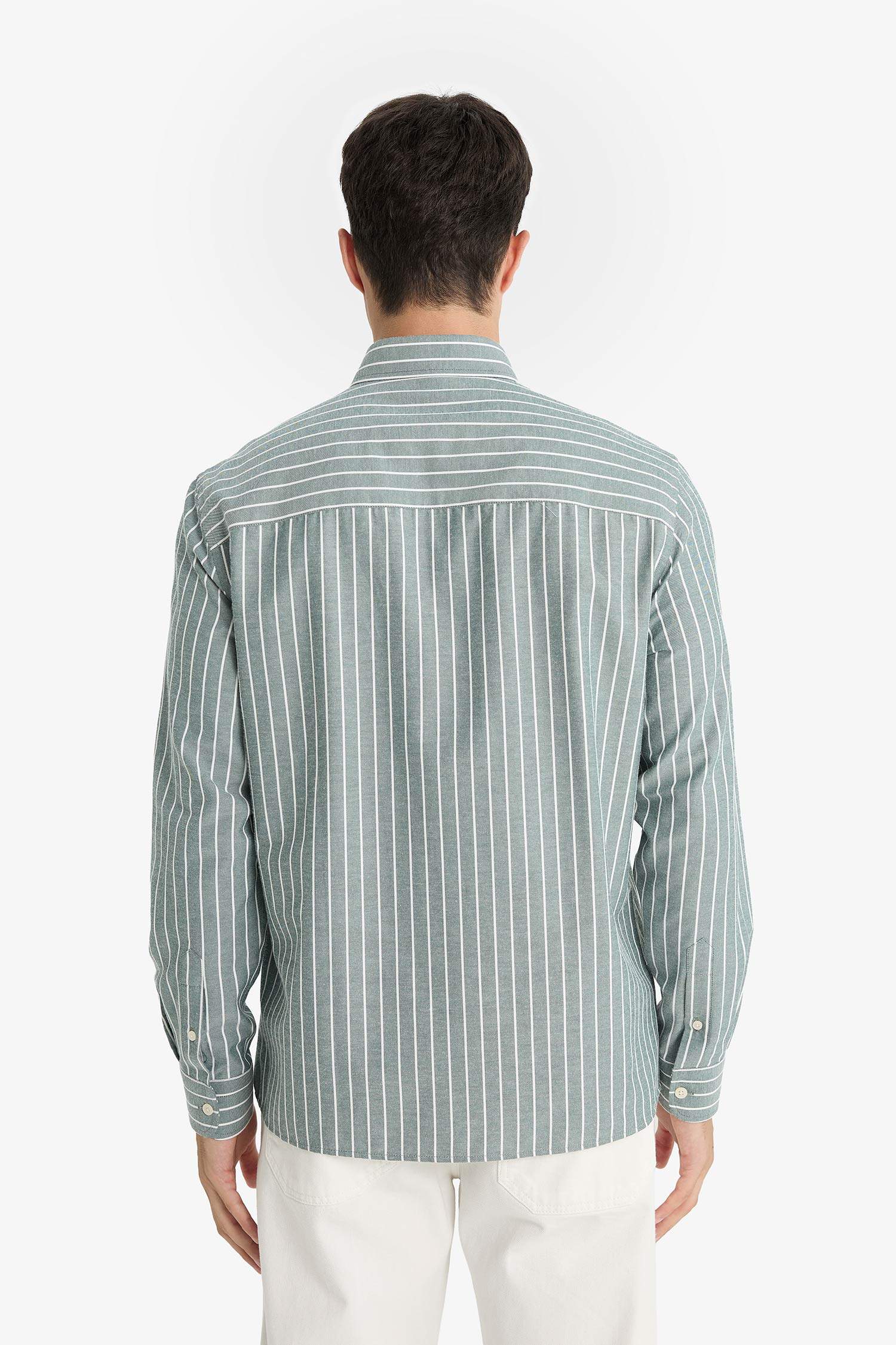 Regular Fit Polo Yaka Dokuma Uzun Kollu Çizgili Gömlek