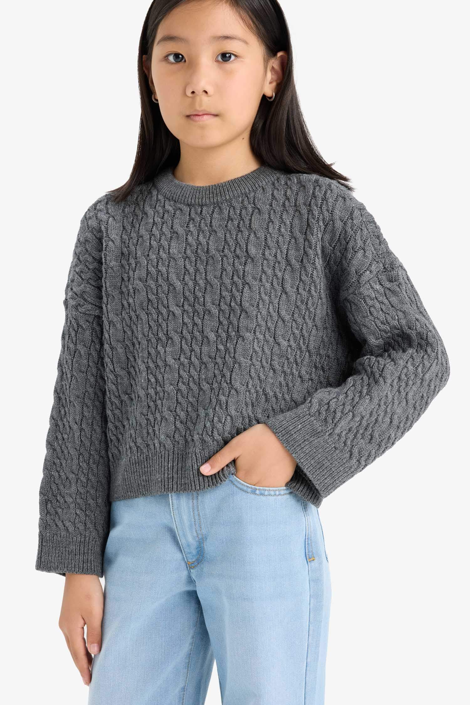 Kız Çocuk Standart Fit Bisiklet Yaka Triko Kazak