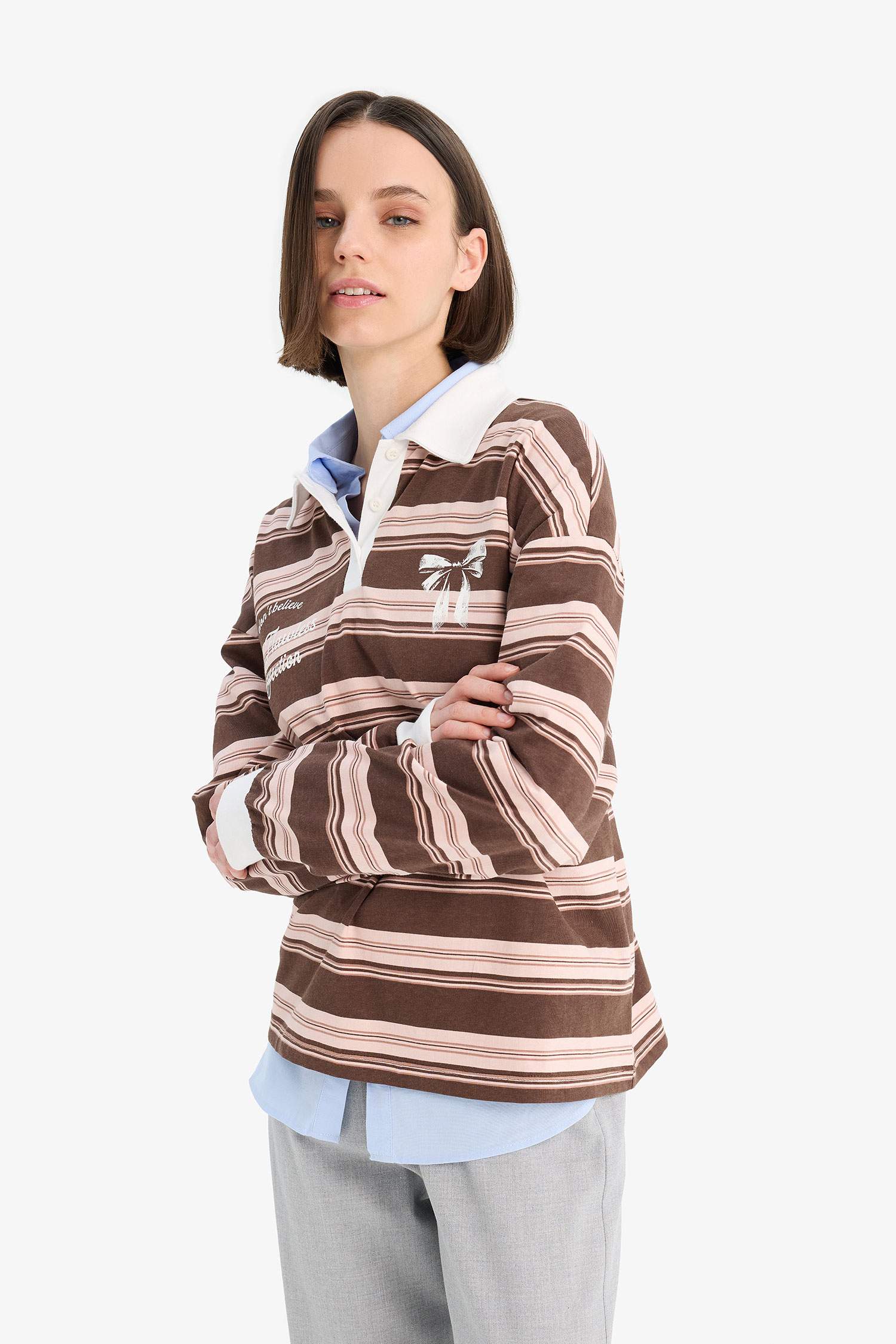 Coool Loose Fit Polo Yaka Çizgili Sweatshirt