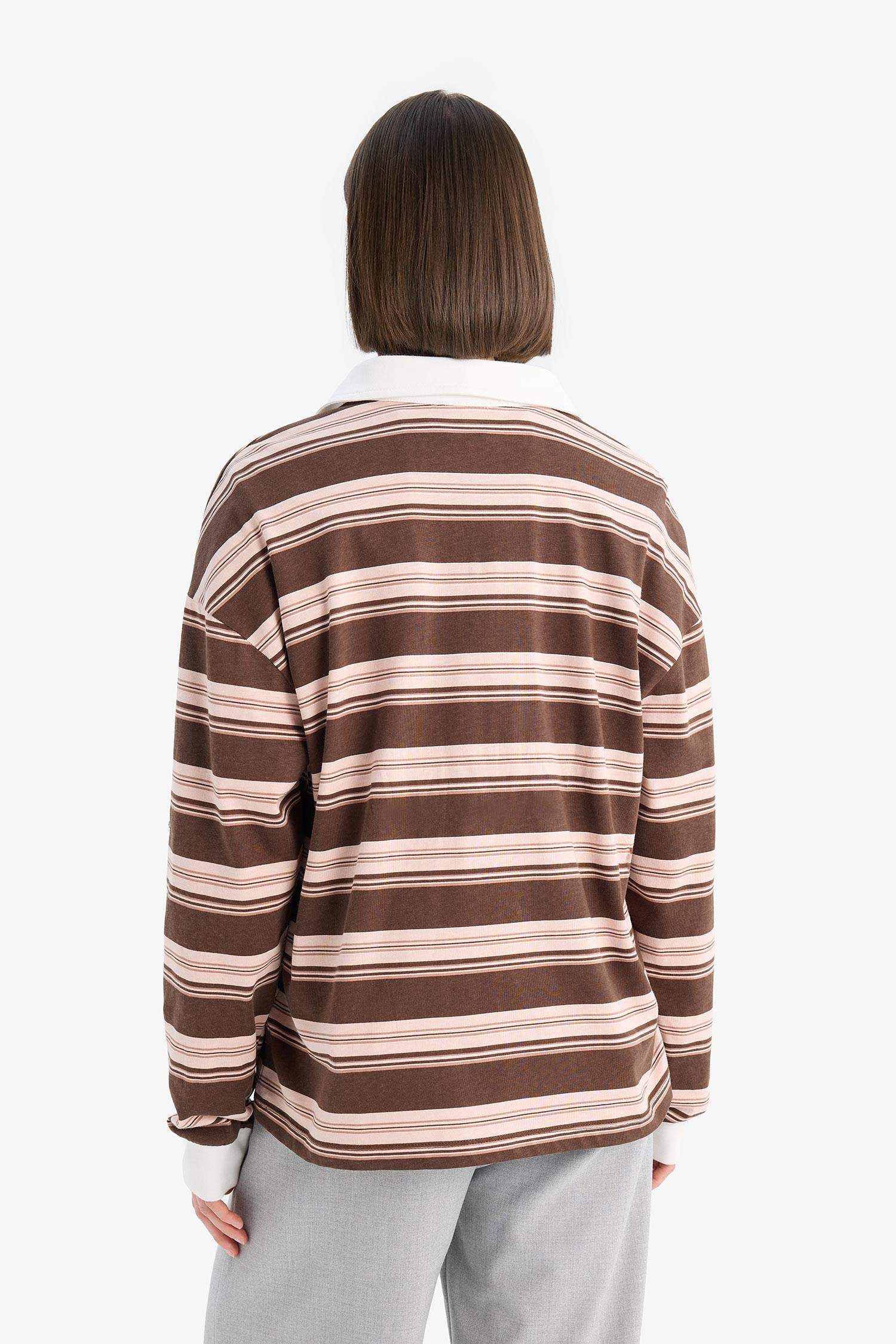 Coool Loose Fit Polo Yaka Çizgili Sweatshirt