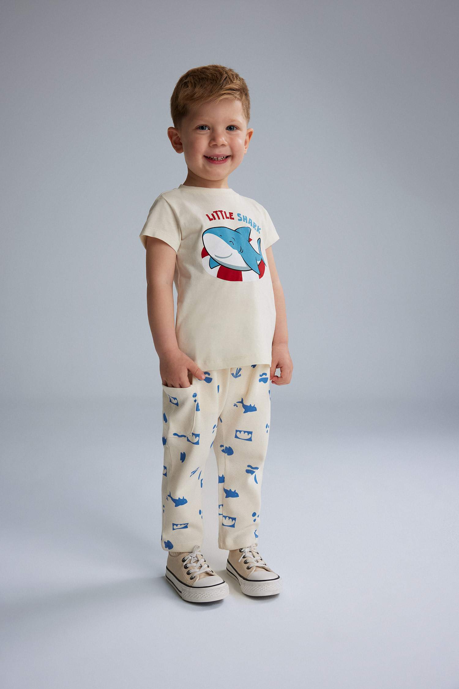 Baby Boy Sea Printed Short Sleeve Waffle 2 Piece Set