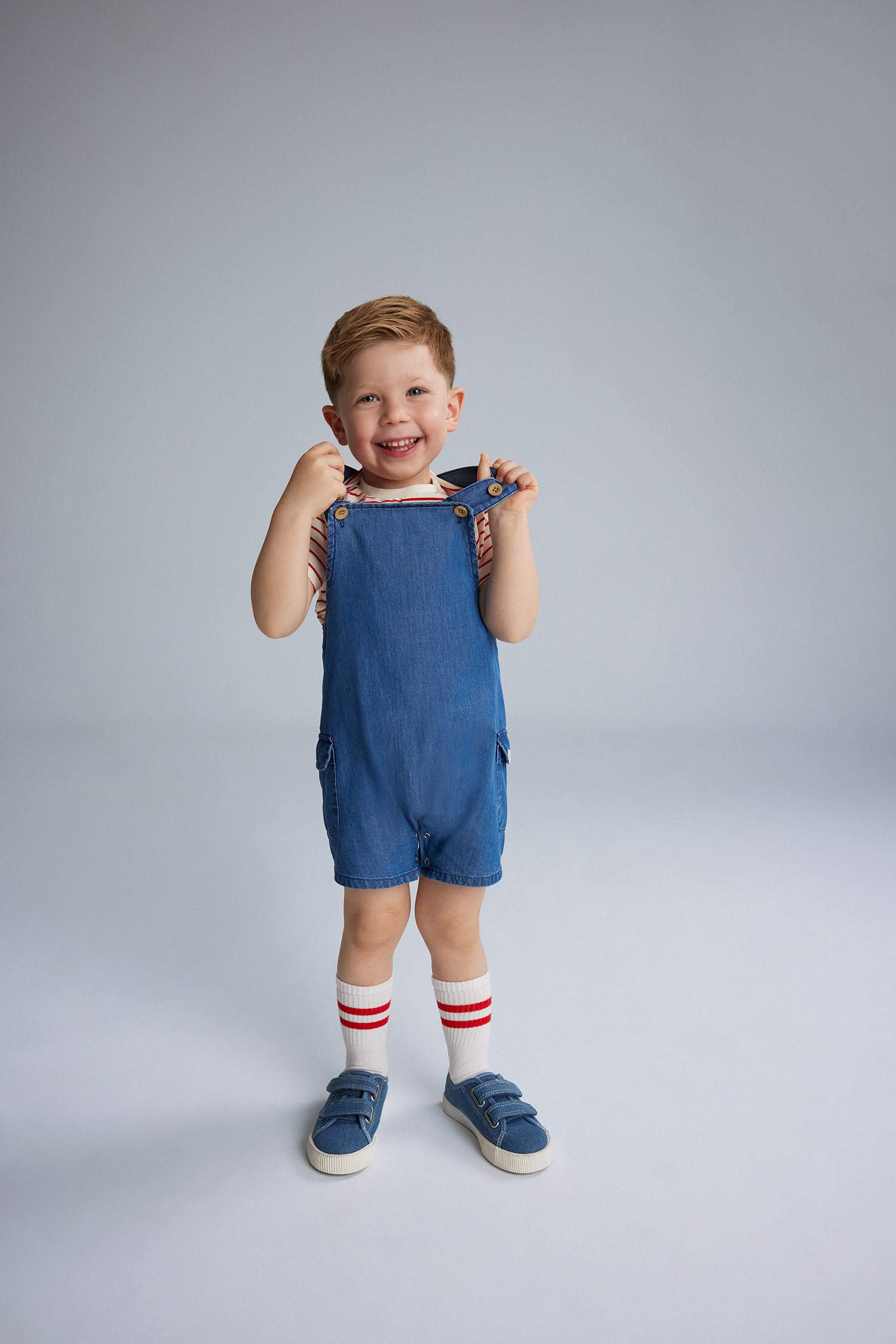 Erkek Bebek 2'li Takım Çizgili Kısa Kollu Tişört Jean Salopet Tulum