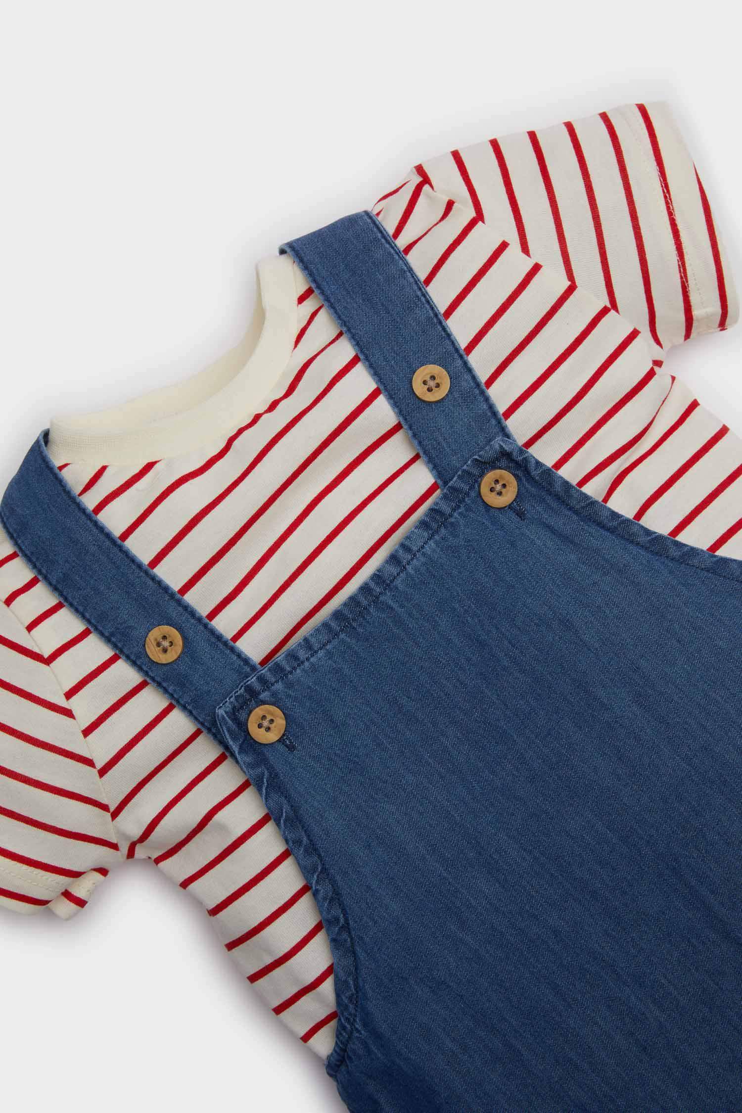 Erkek Bebek 2'li Takım Çizgili Kısa Kollu Tişört Jean Salopet Tulum