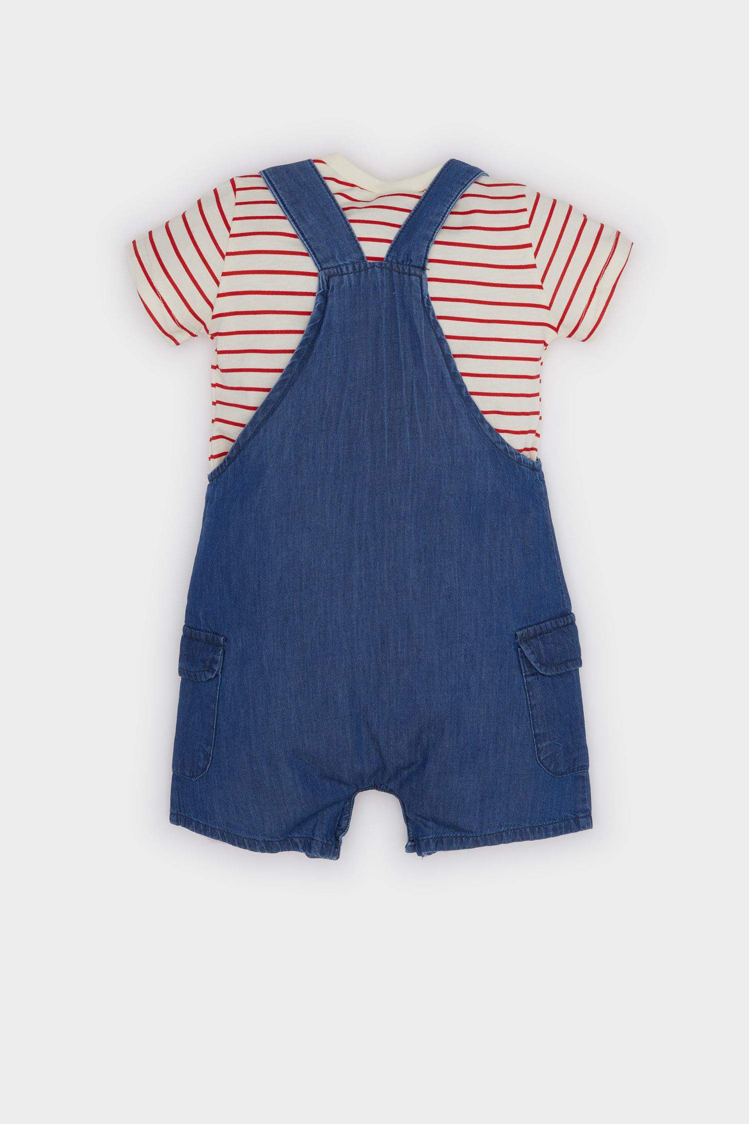 Erkek Bebek 2'li Takım Çizgili Kısa Kollu Tişört Jean Salopet Tulum
