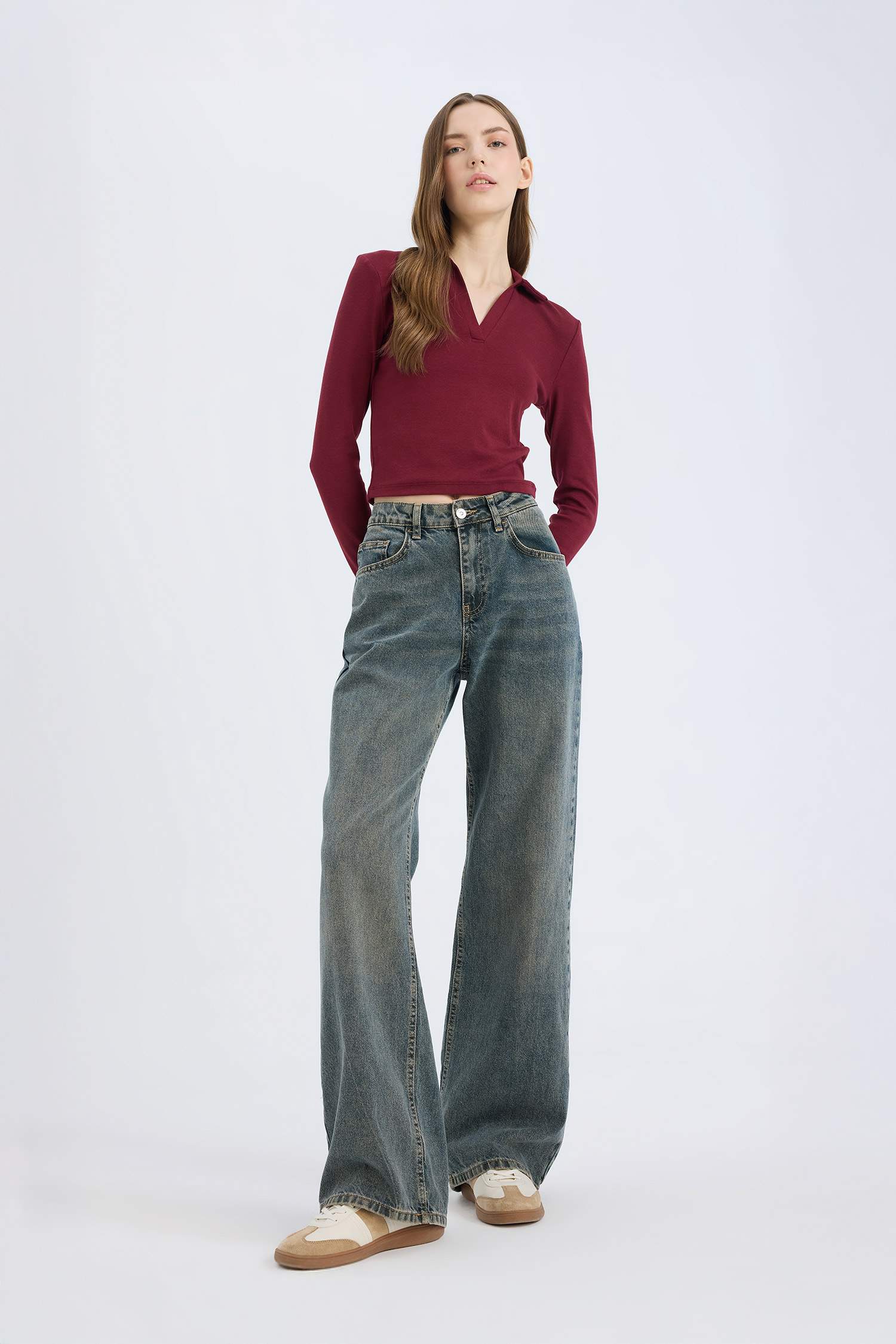 Fitted Polo Yaka Basic Düz Modal Uzun Kollu Tişört