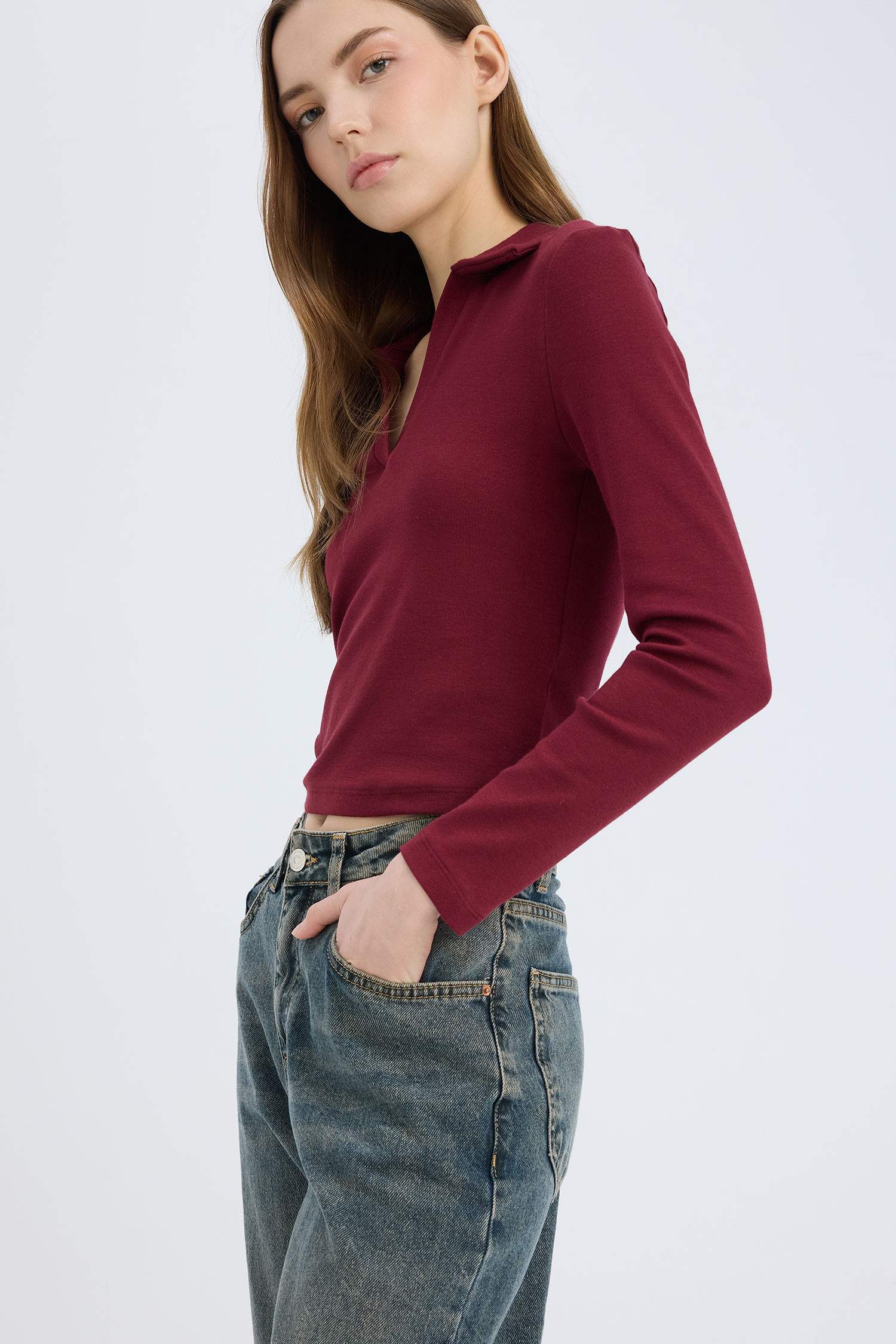 Fitted Polo Yaka Basic Düz Modal Uzun Kollu Tişört