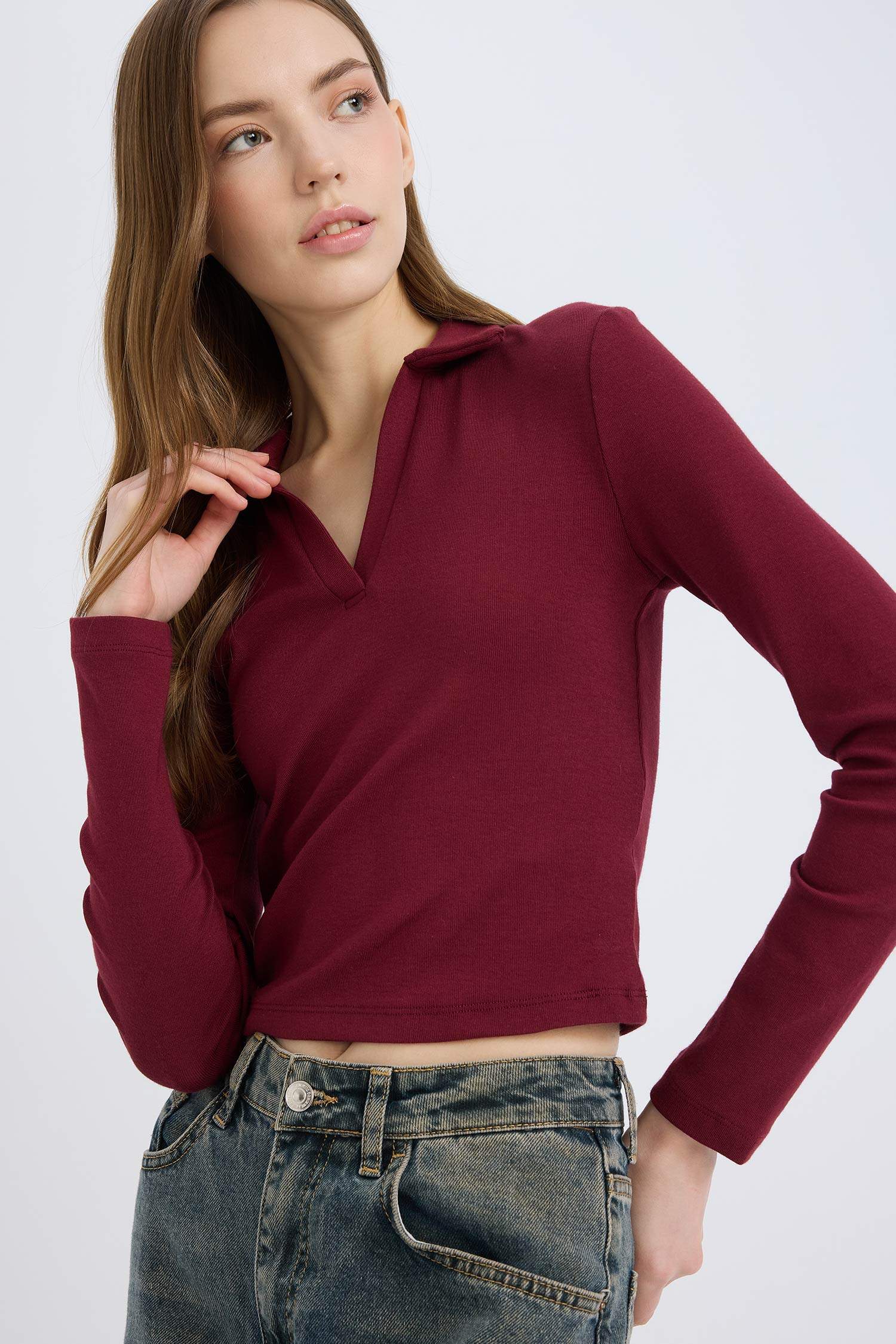 Fitted Polo Yaka Basic Düz Modal Uzun Kollu Tişört