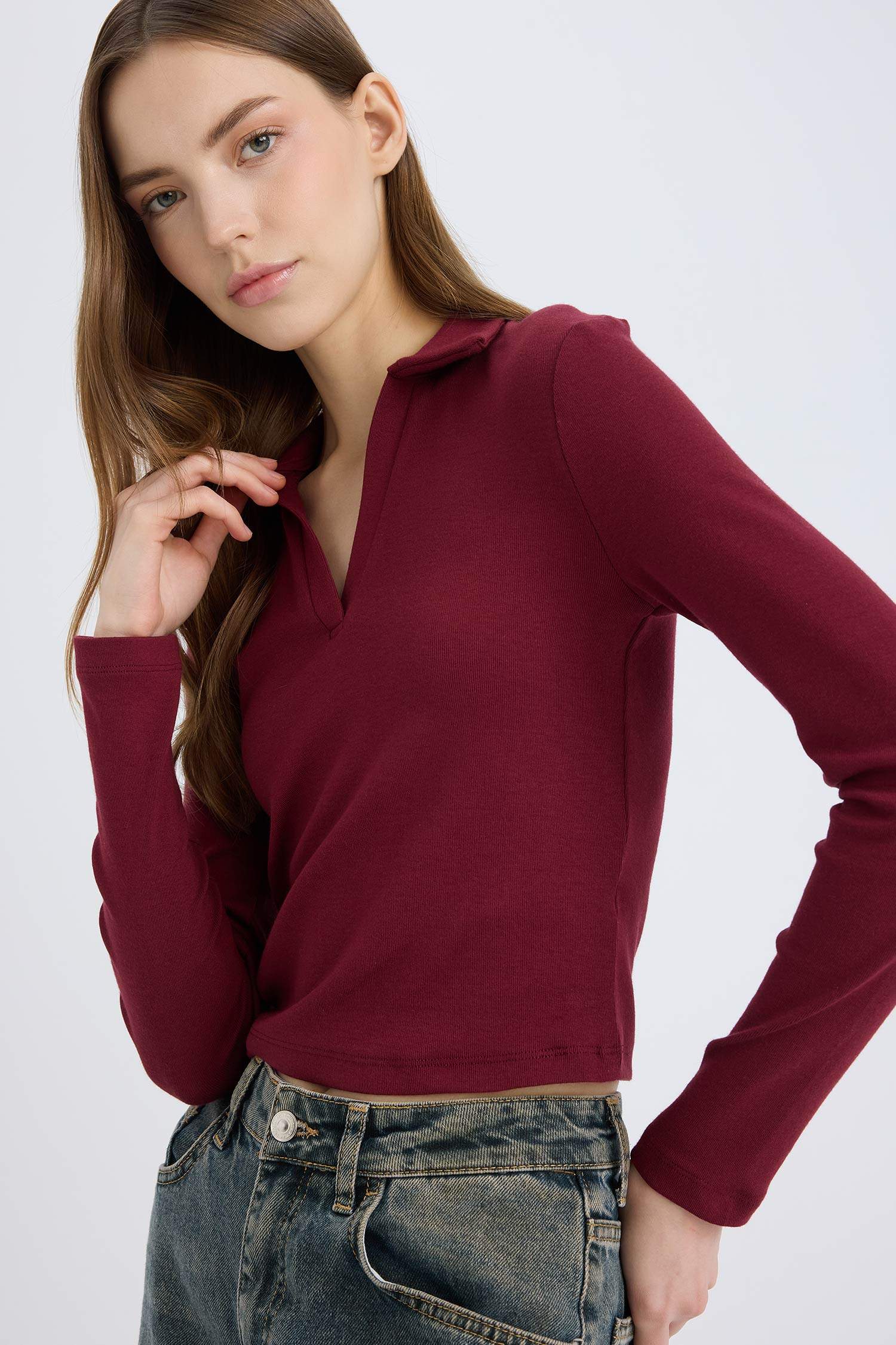 Fitted Polo Yaka Basic Düz Modal Uzun Kollu Tişört