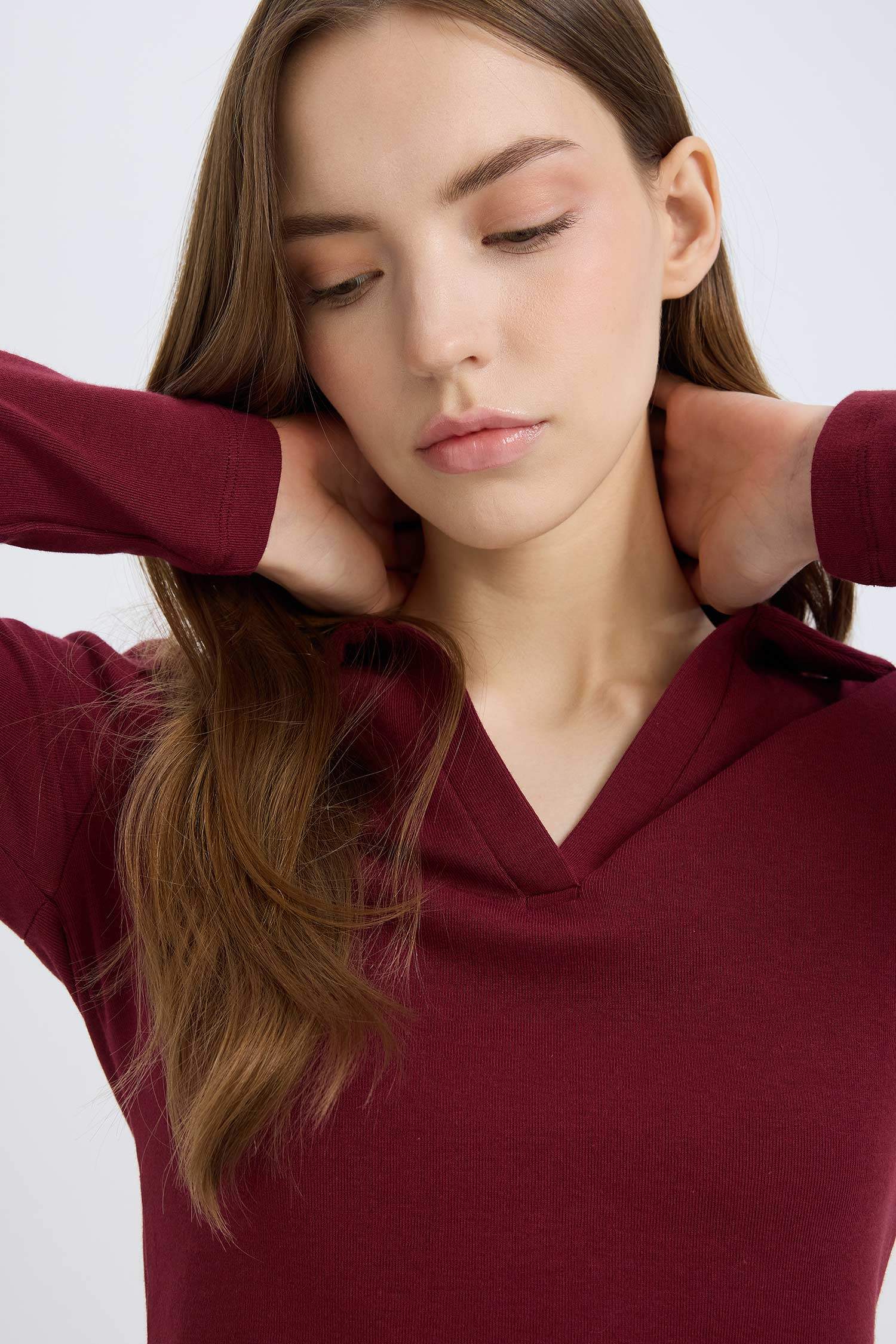 Fitted Polo Yaka Basic Düz Modal Uzun Kollu Tişört