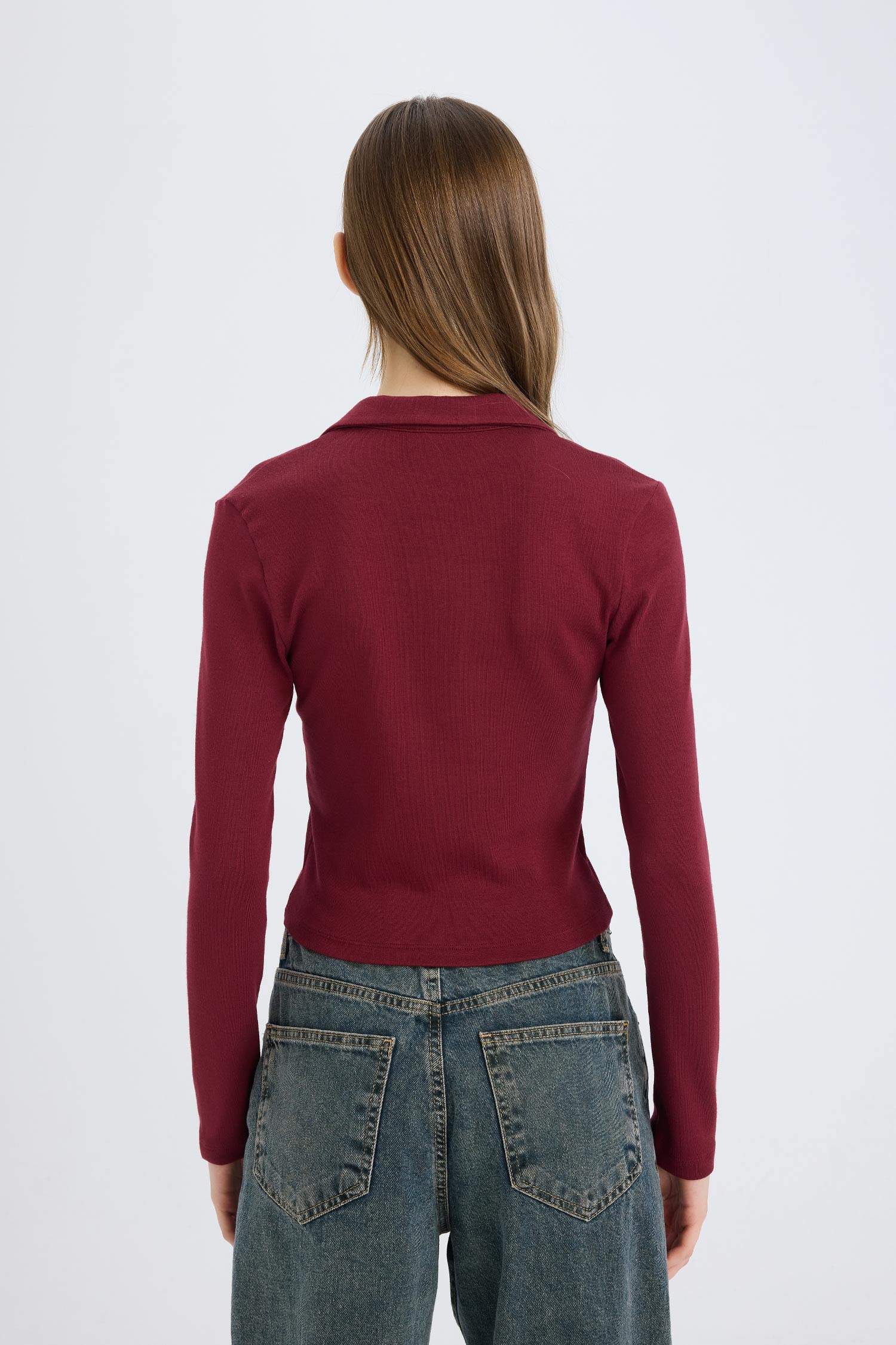 Fitted Polo Yaka Basic Düz Modal Uzun Kollu Tişört