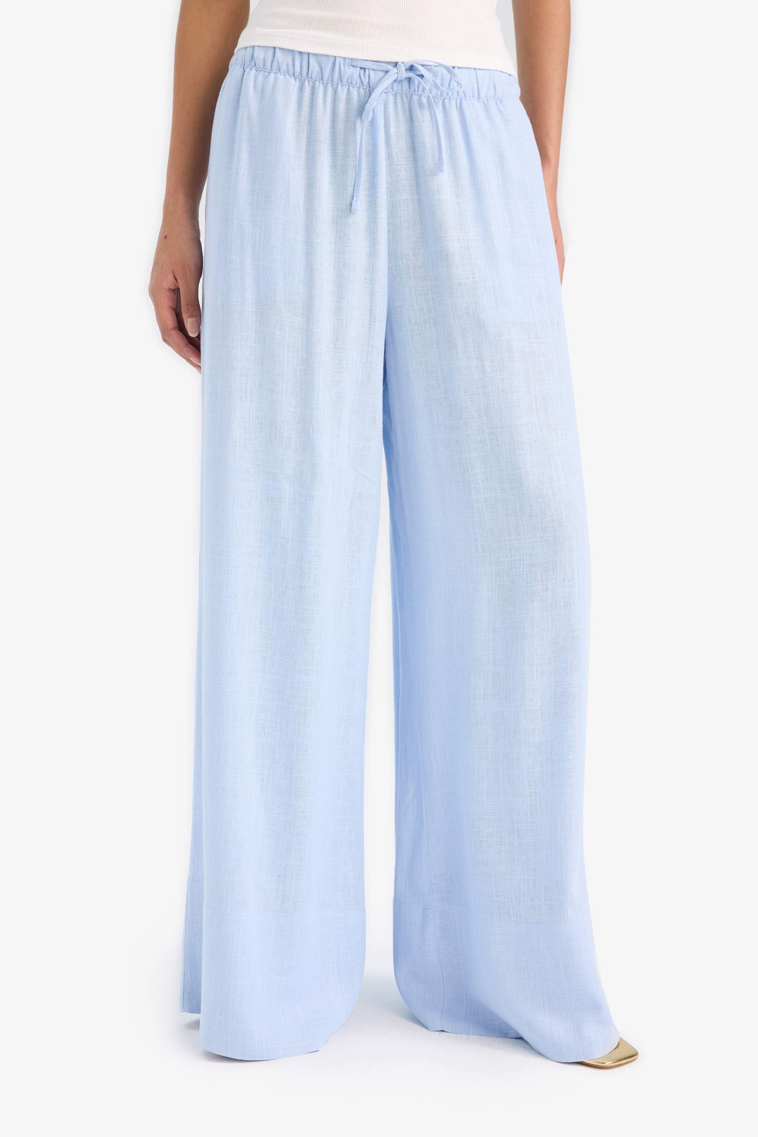 Wide Leg Elastic Waist Midi Linen Trousers