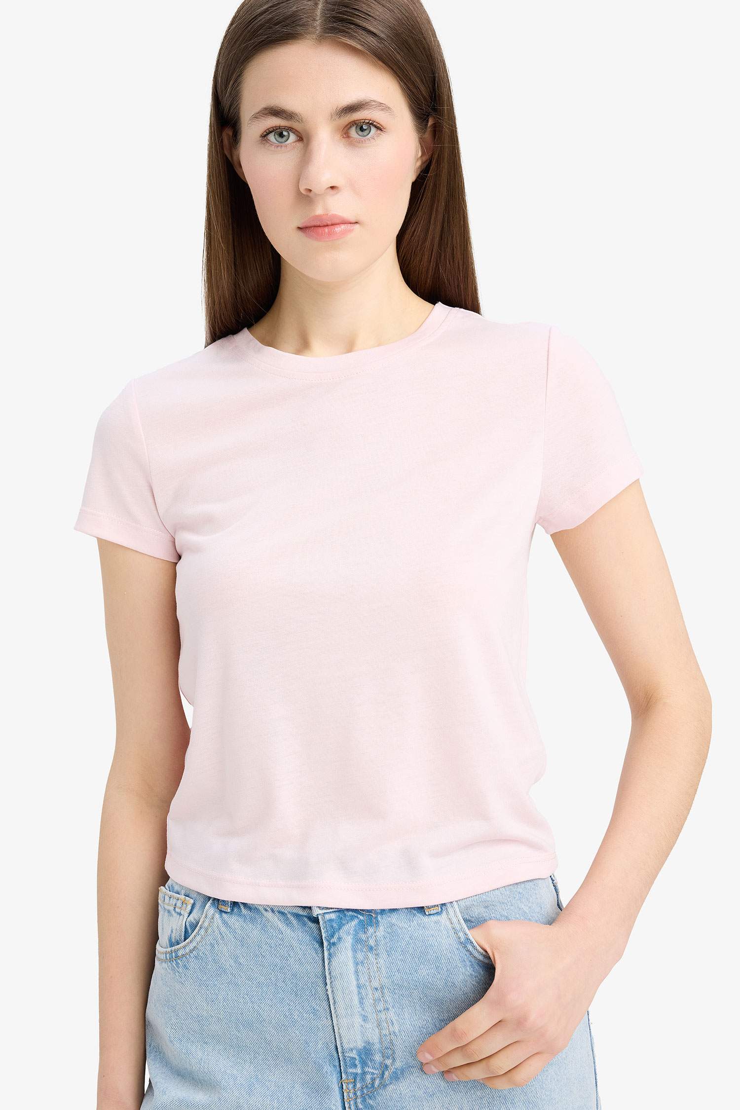 Fitted Bisiklet Yaka Basic Düz Kısa Kollu Tişört