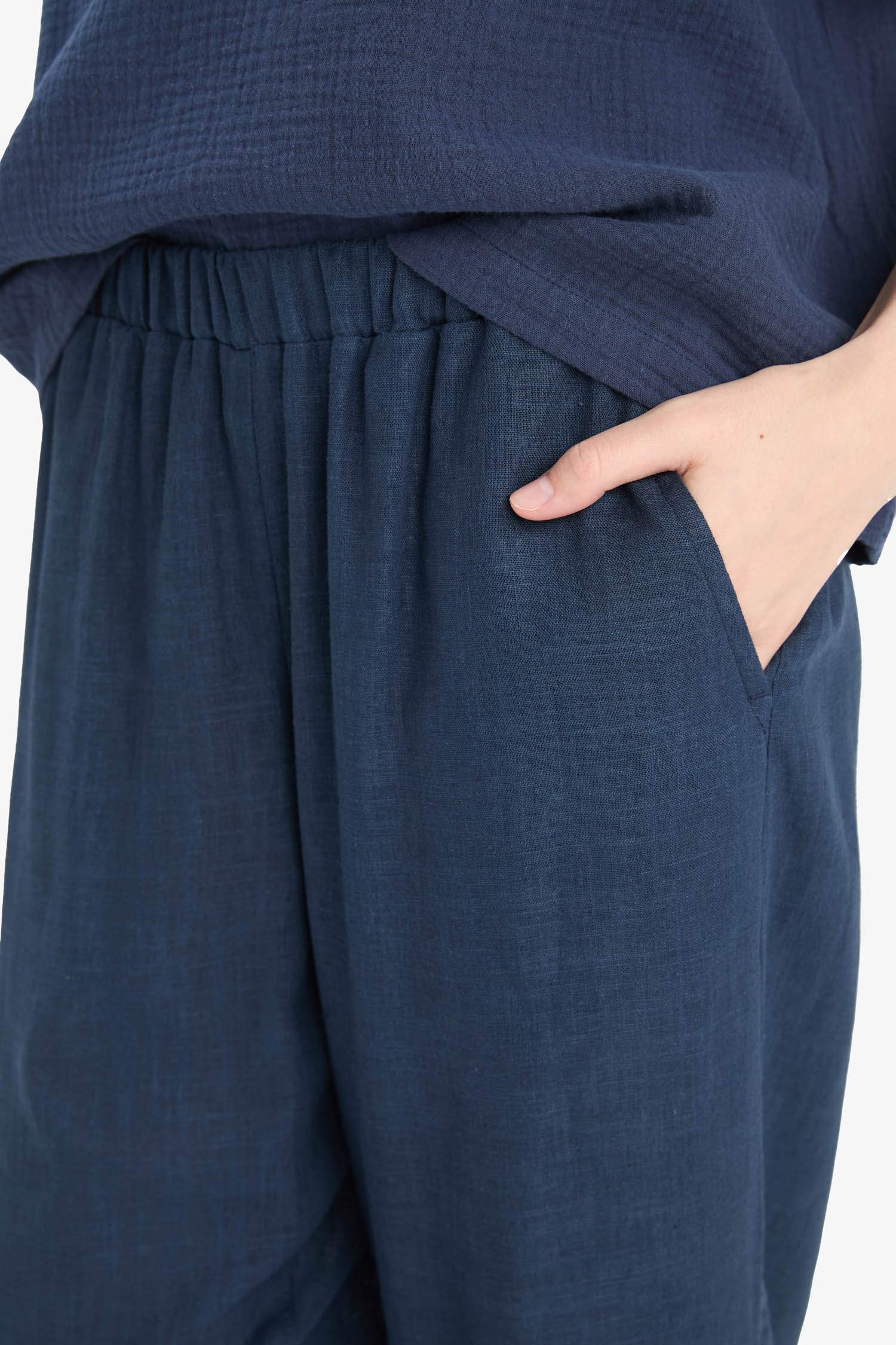 Carrot Fit Elastic Waist Midi Linen Blend Trousers