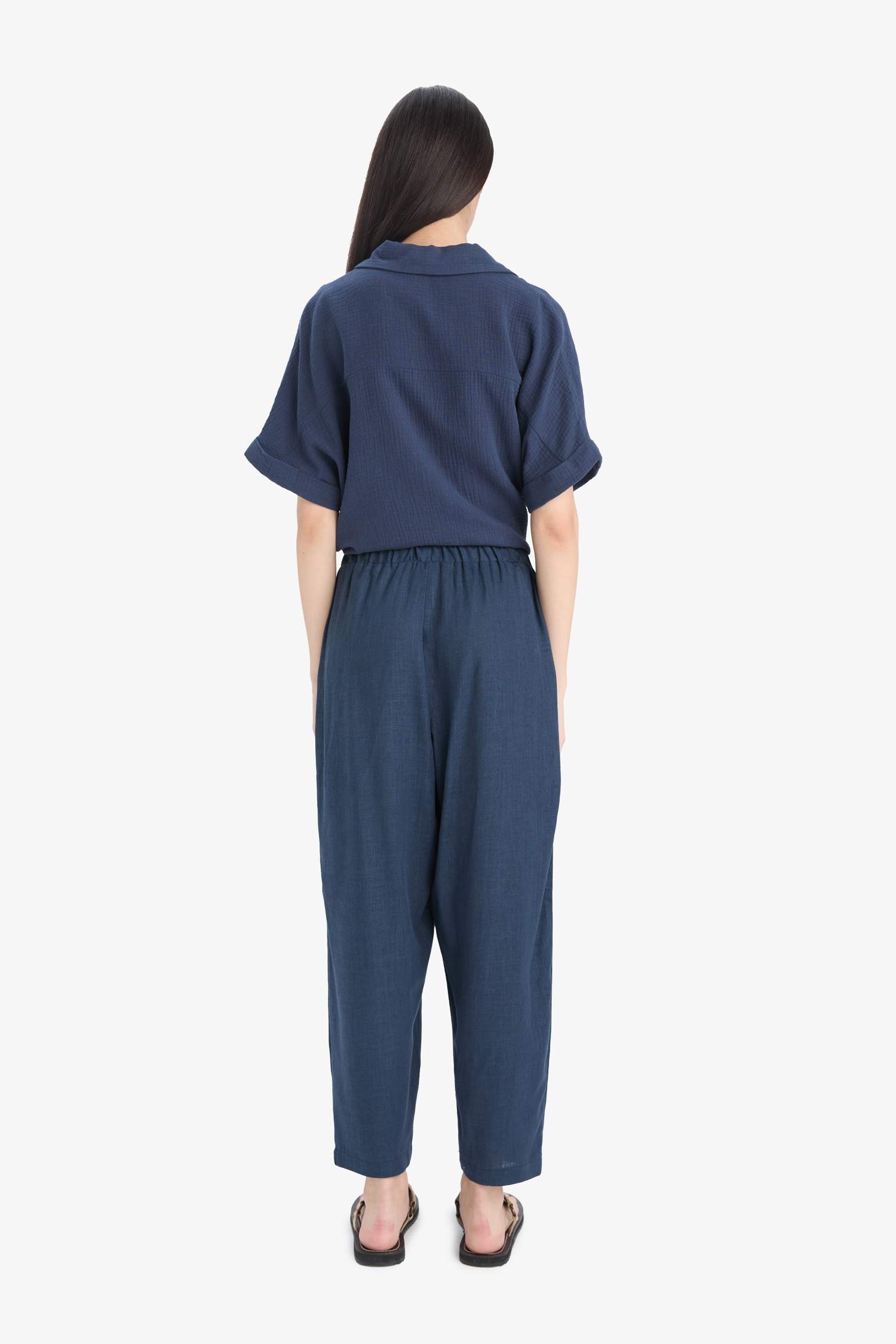 Carrot Fit Elastic Waist Midi Linen Blend Trousers