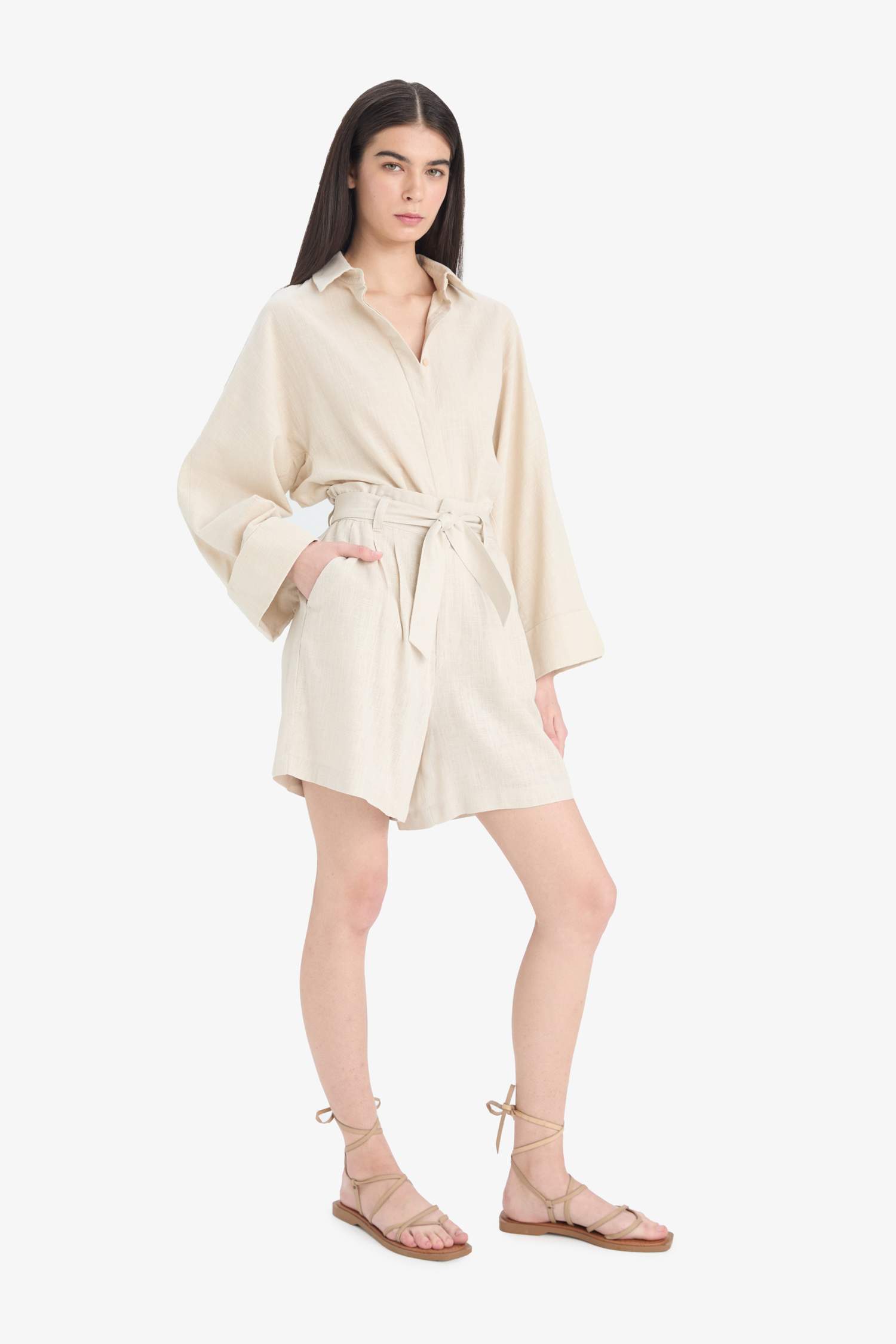 Шорты Из Смеси Льна с Высокой Талией