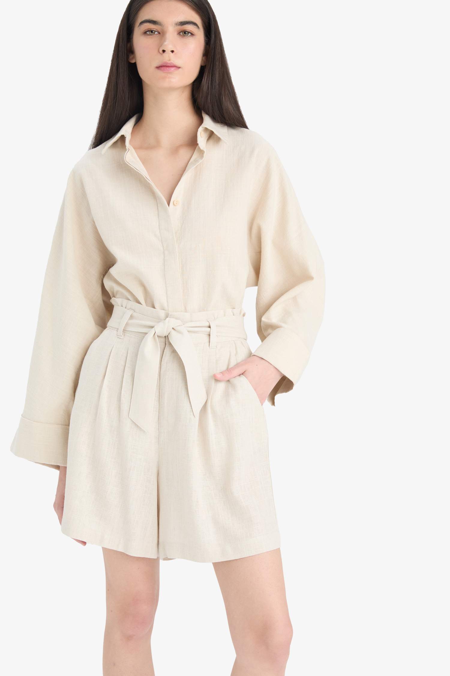 Шорты Из Смеси Льна с Высокой Талией