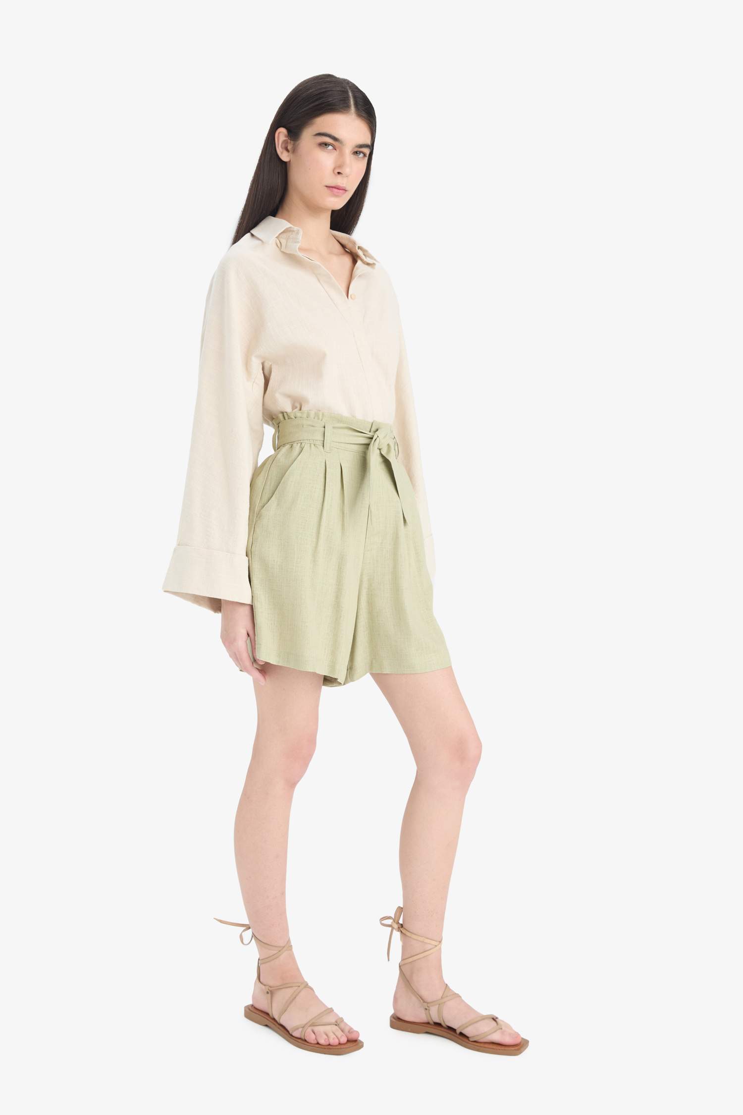 Шорты Из Смеси Льна с Высокой Талией