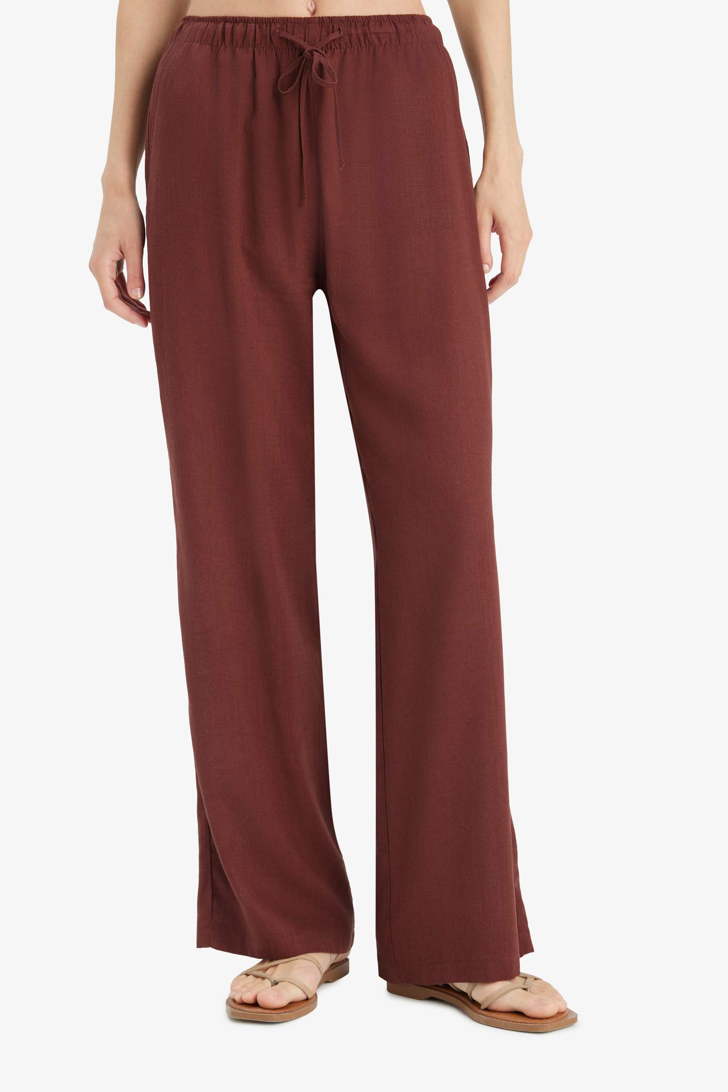 Straight Fit Çift Cepli Kısa Boy Keten Karışımlı Pantolon