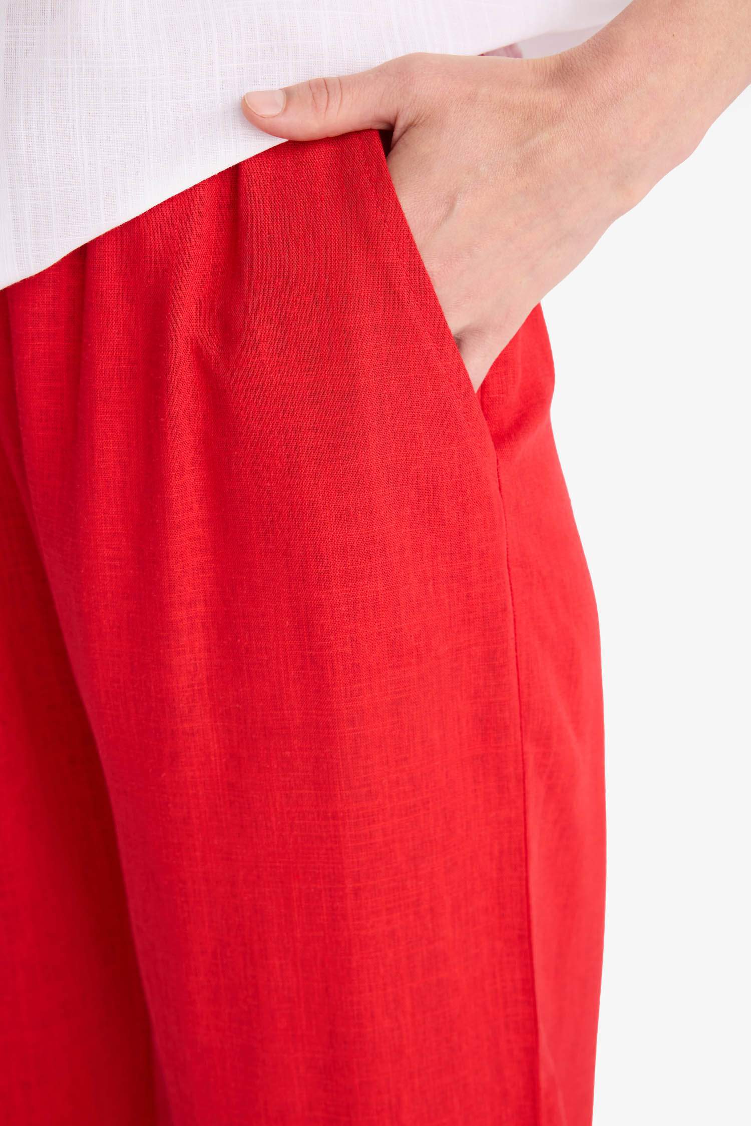 Straight Fit Çift Cepli Kısa Boy Keten Karışımlı Pantolon