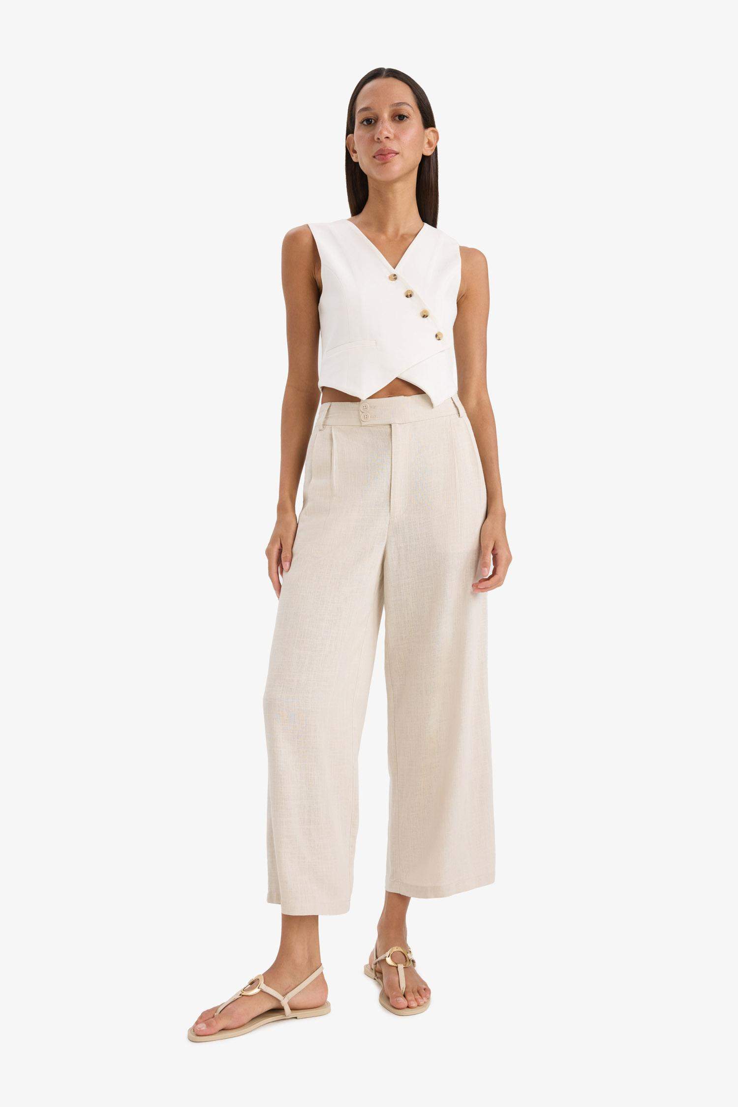 Culotte Yüksek Bel Kısa Boy Keten Karışımlı Pantolon