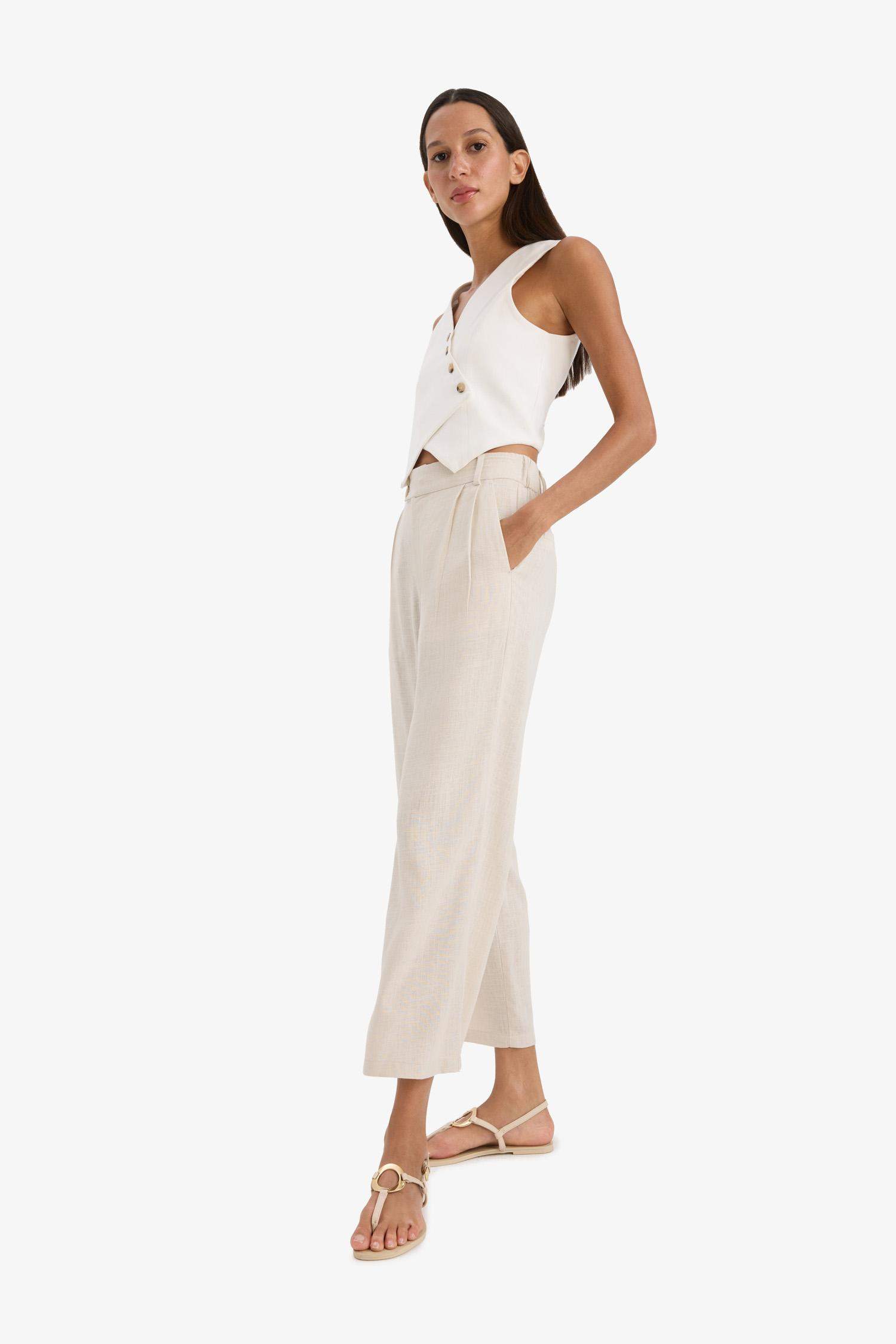 Culotte Yüksek Bel Kısa Boy Keten Karışımlı Pantolon