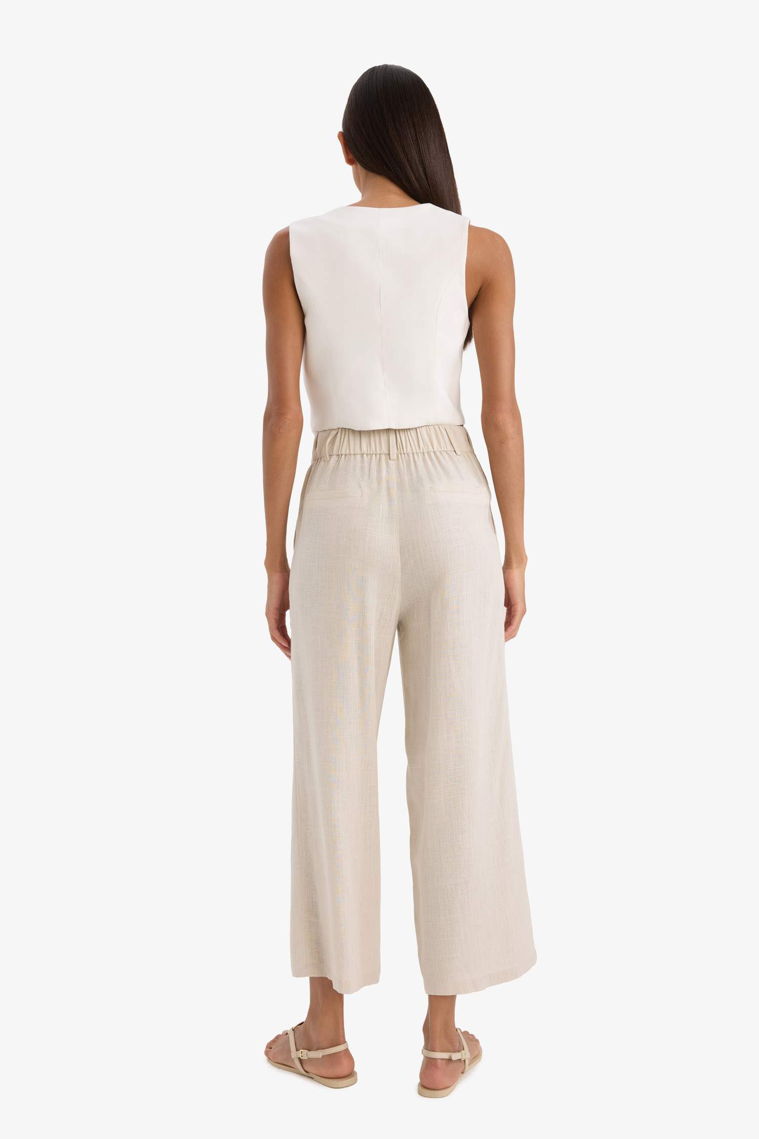 Culotte Yüksek Bel Kısa Boy Keten Karışımlı Pantolon