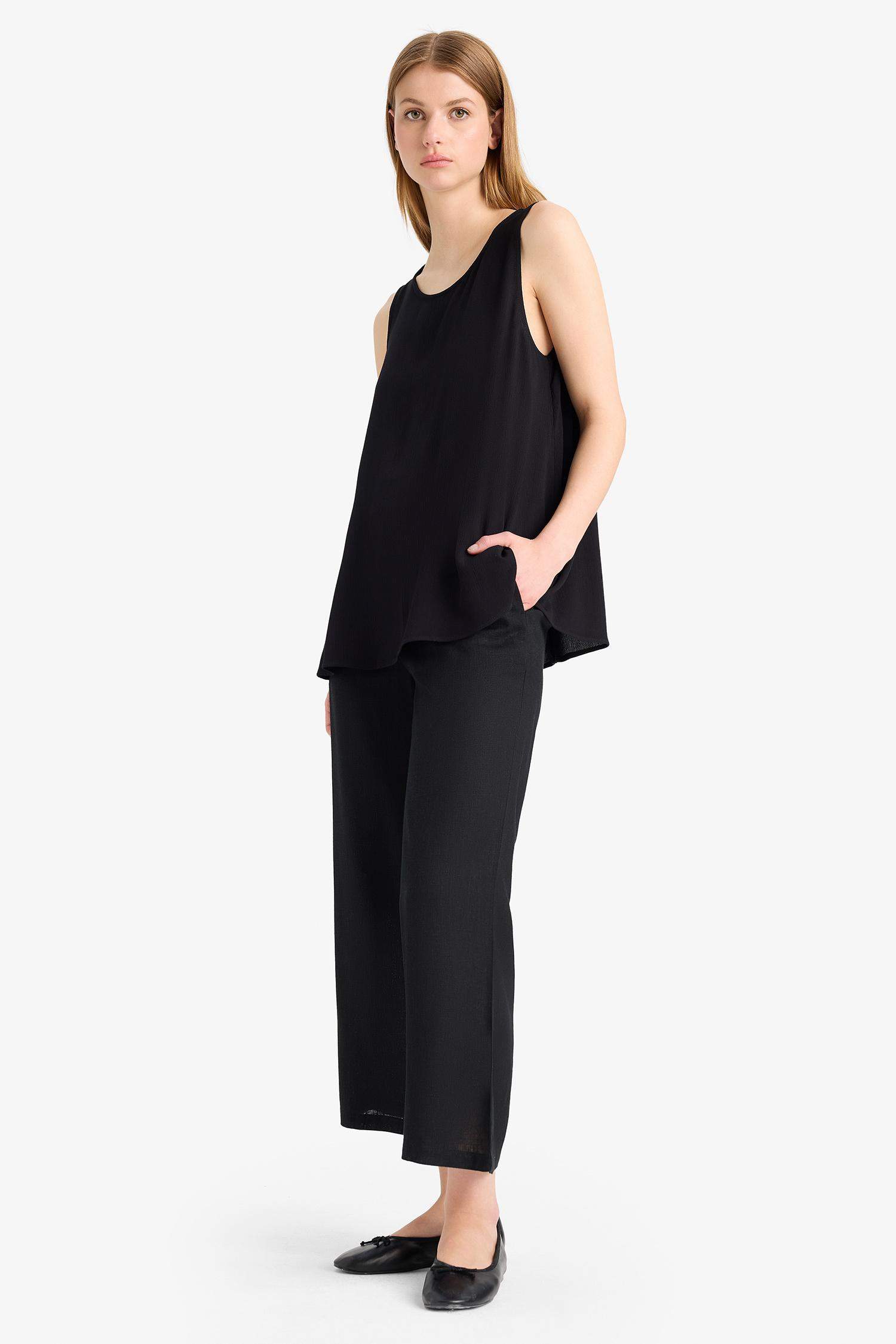 Culotte Yüksek Bel Kısa Boy Keten Karışımlı Pantolon