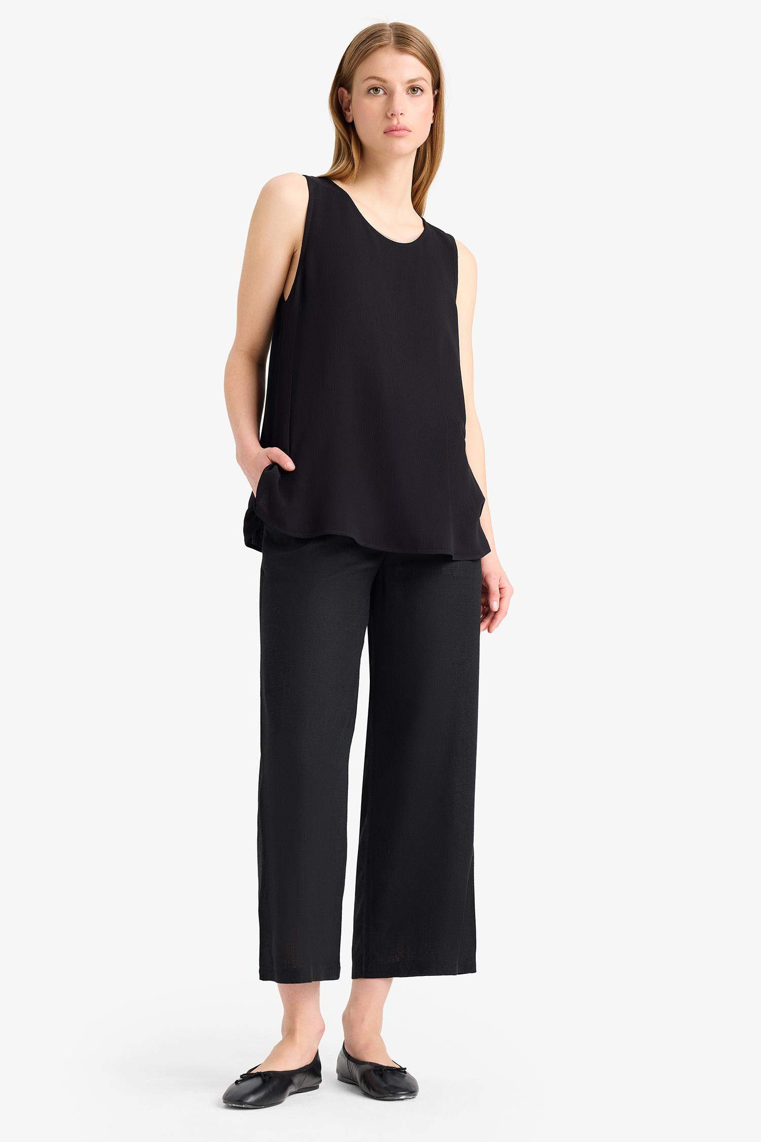 Culotte Yüksek Bel Kısa Boy Keten Karışımlı Pantolon