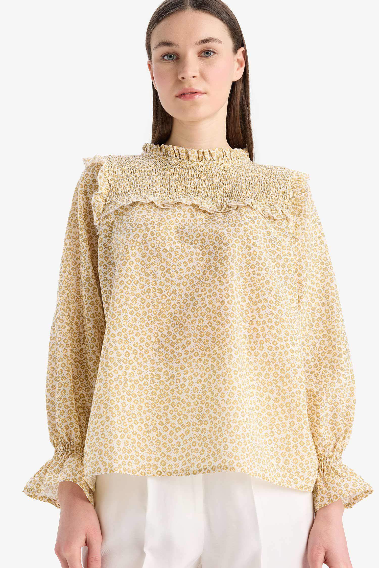 Regular Fit Desenli Fırfır Yaka Vual Uzun Kollu Tesettür Bluz Tunik