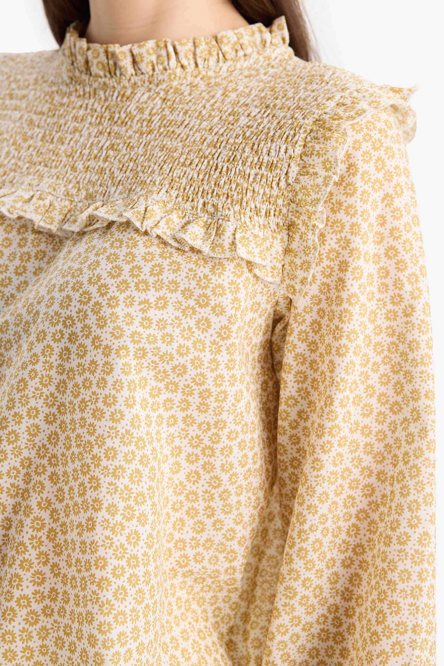 Regular Fit Desenli Fırfır Yaka Vual Uzun Kollu Tesettür Bluz Tunik