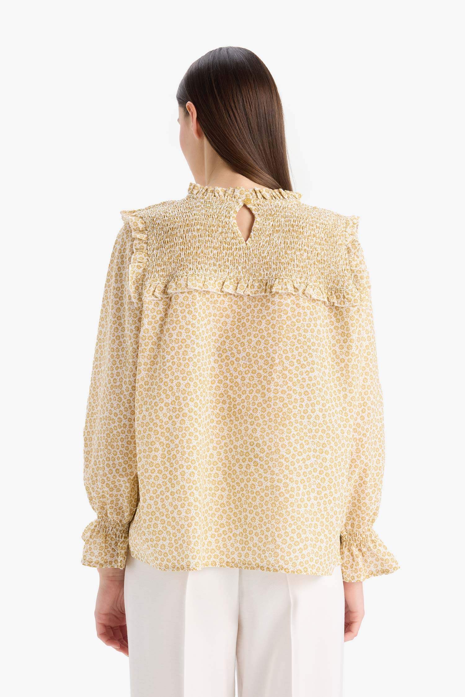 Regular Fit Desenli Fırfır Yaka Vual Uzun Kollu Tesettür Bluz Tunik