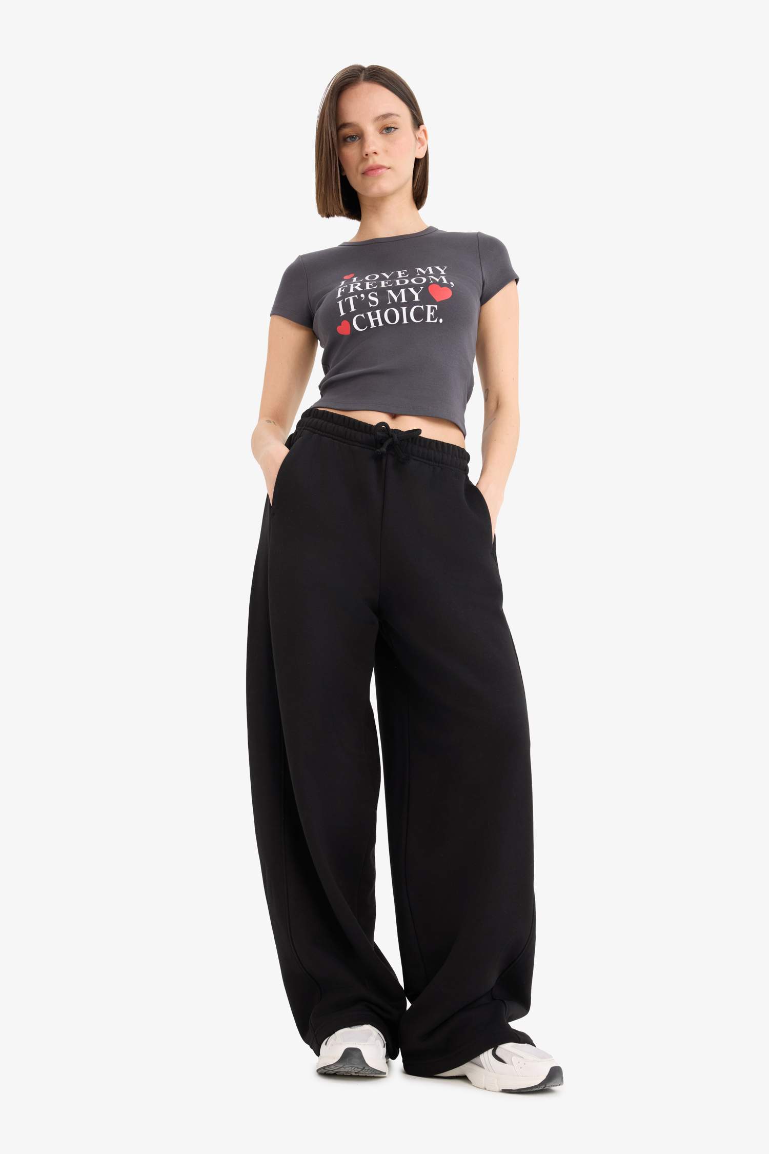 Fitted Bisiklet Yaka Baskılı Ribana Kısa Kollu Tişört