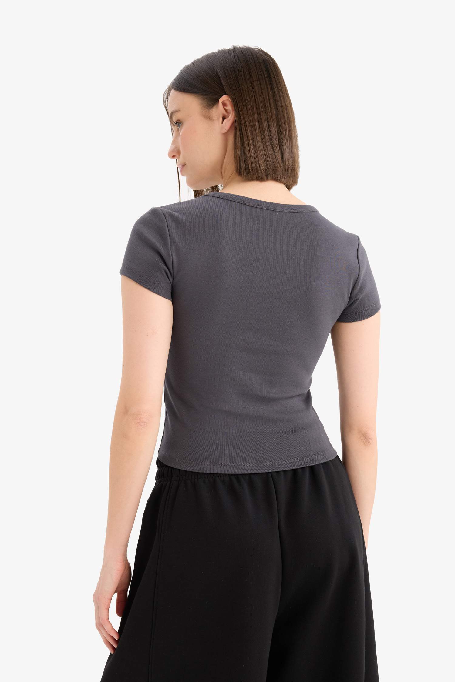 Fitted Bisiklet Yaka Baskılı Ribana Kısa Kollu Tişört