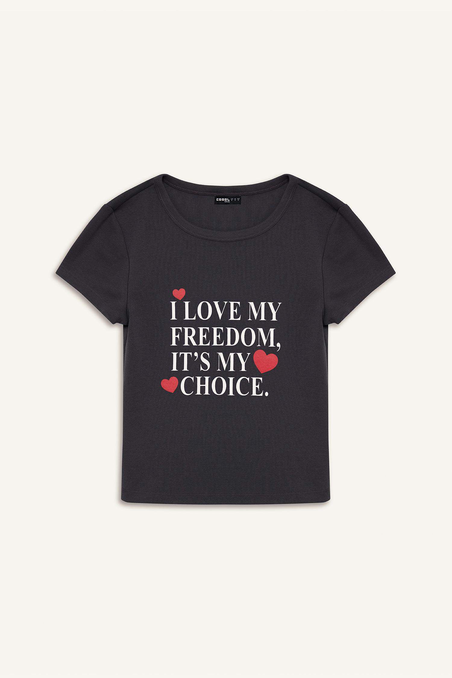 Fitted Bisiklet Yaka Baskılı Ribana Kısa Kollu Tişört