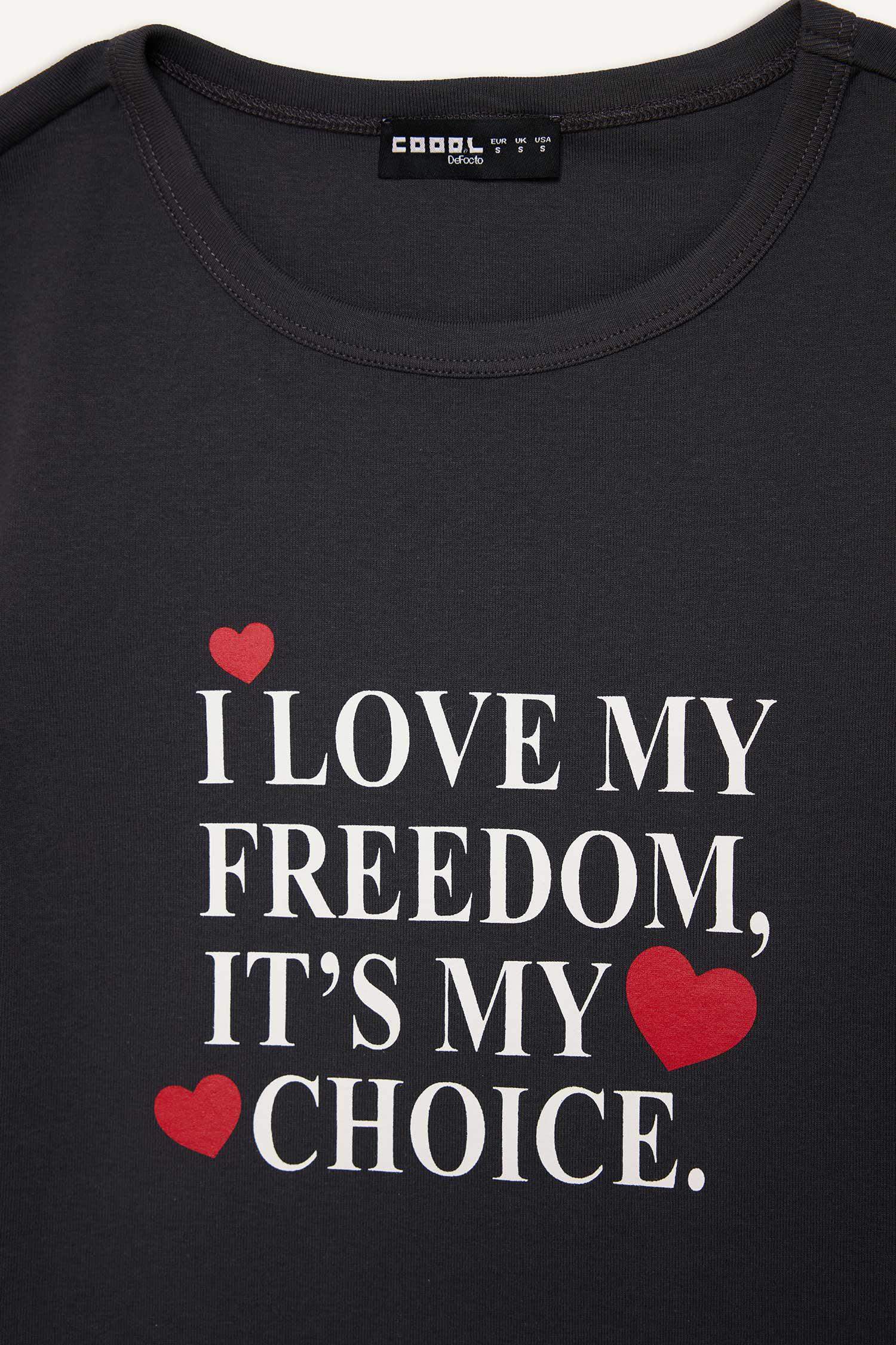 Fitted Bisiklet Yaka Baskılı Ribana Kısa Kollu Tişört