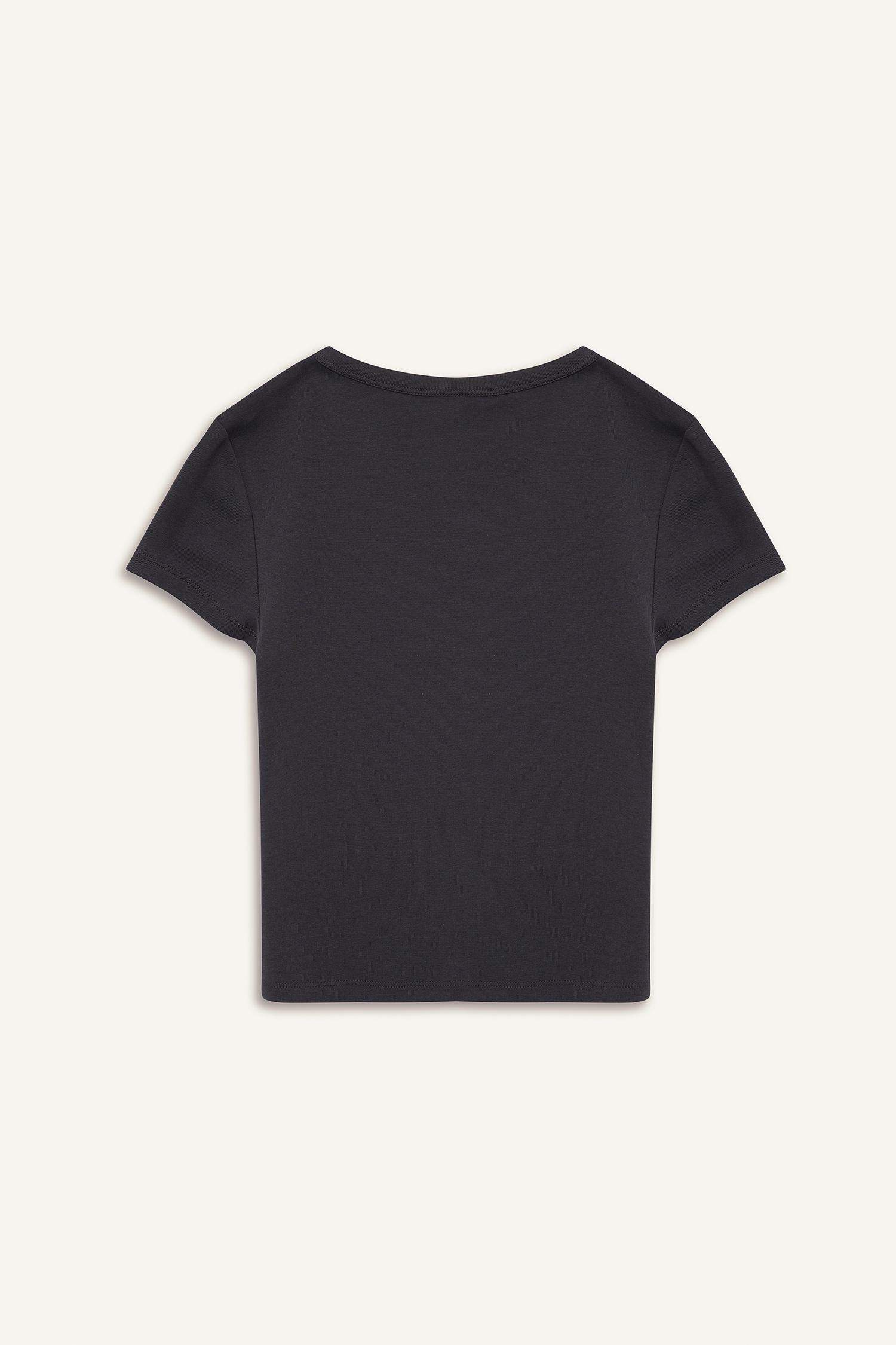 Fitted Bisiklet Yaka Baskılı Ribana Kısa Kollu Tişört