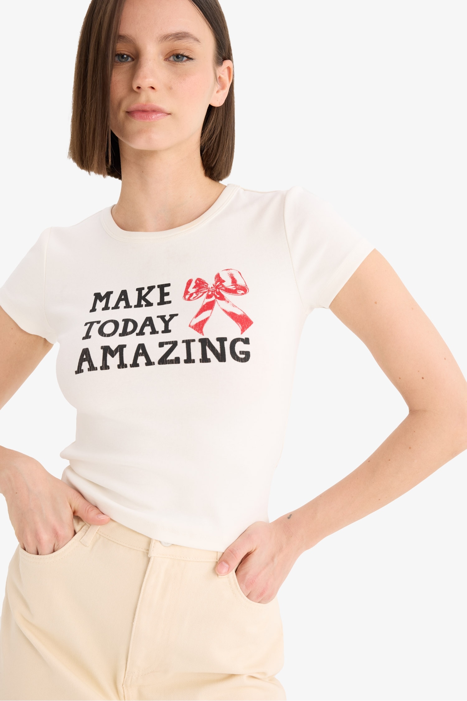 Coool Fitted Bisiklet Yaka Baskılı Ribana Kısa Kollu Tişört