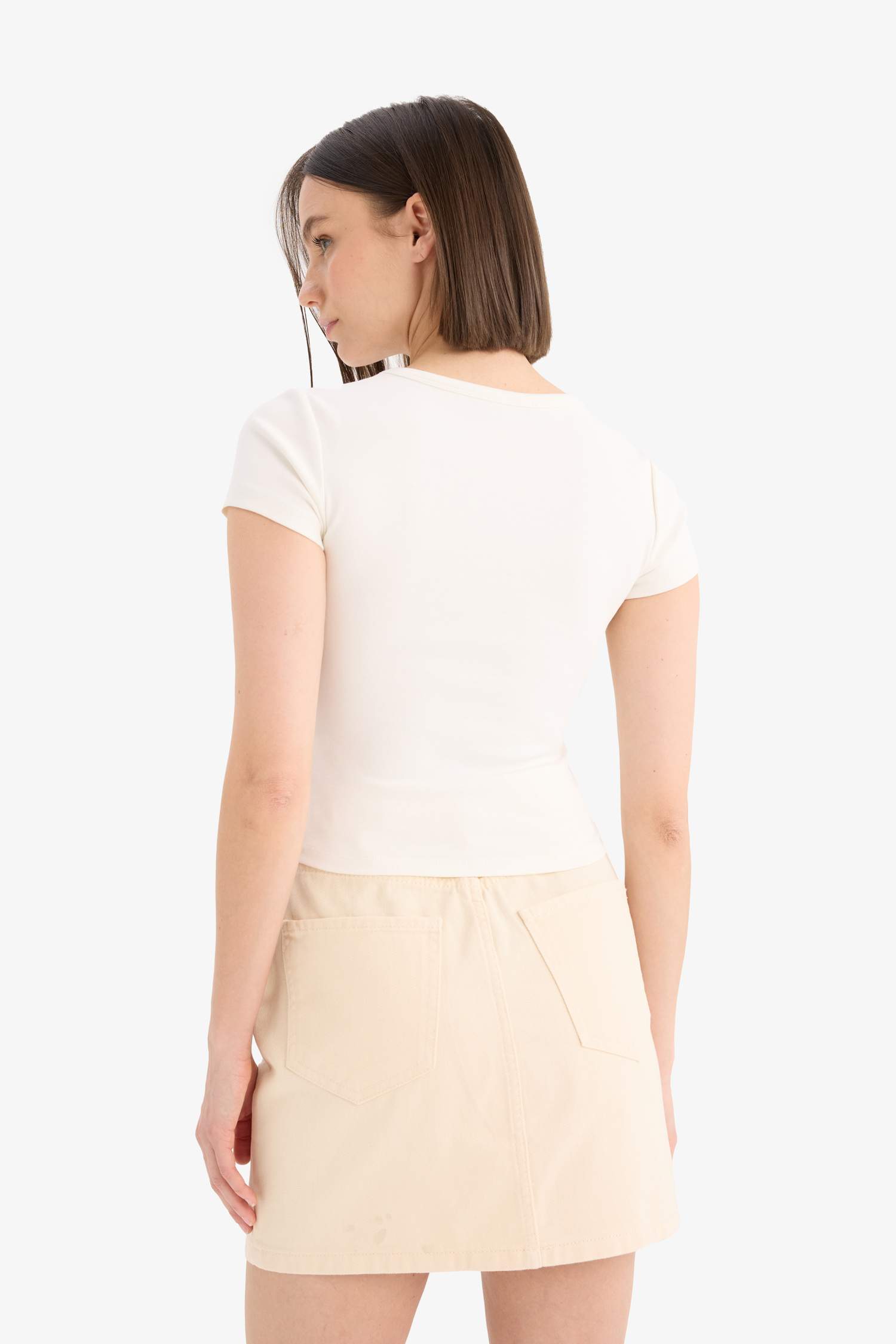 Coool Fitted Bisiklet Yaka Baskılı Ribana Kısa Kollu Tişört