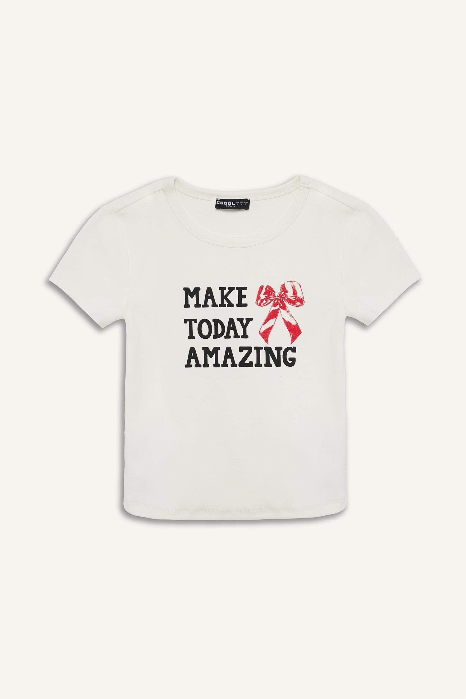 Coool Fitted Bisiklet Yaka Baskılı Ribana Kısa Kollu Tişört