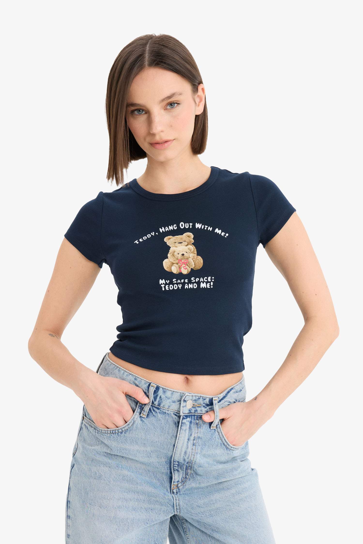 Fitted Bisiklet Yaka Baskılı Ribana Kısa Kollu Tişört